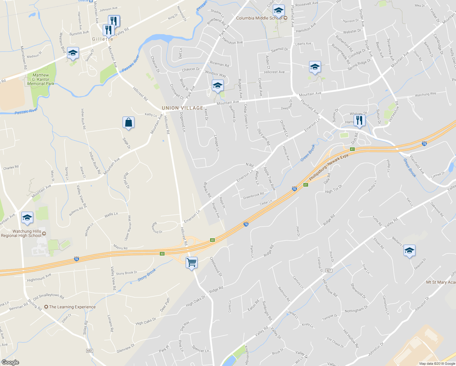 map of restaurants, bars, coffee shops, grocery stores, and more near 373 Emerson Lane in Berkeley Heights