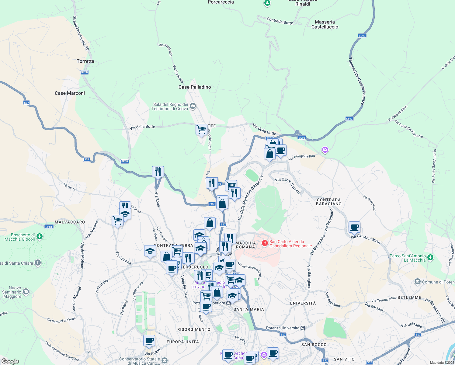 map of restaurants, bars, coffee shops, grocery stores, and more near 2 Via Ettore Ciccotti in Potenza