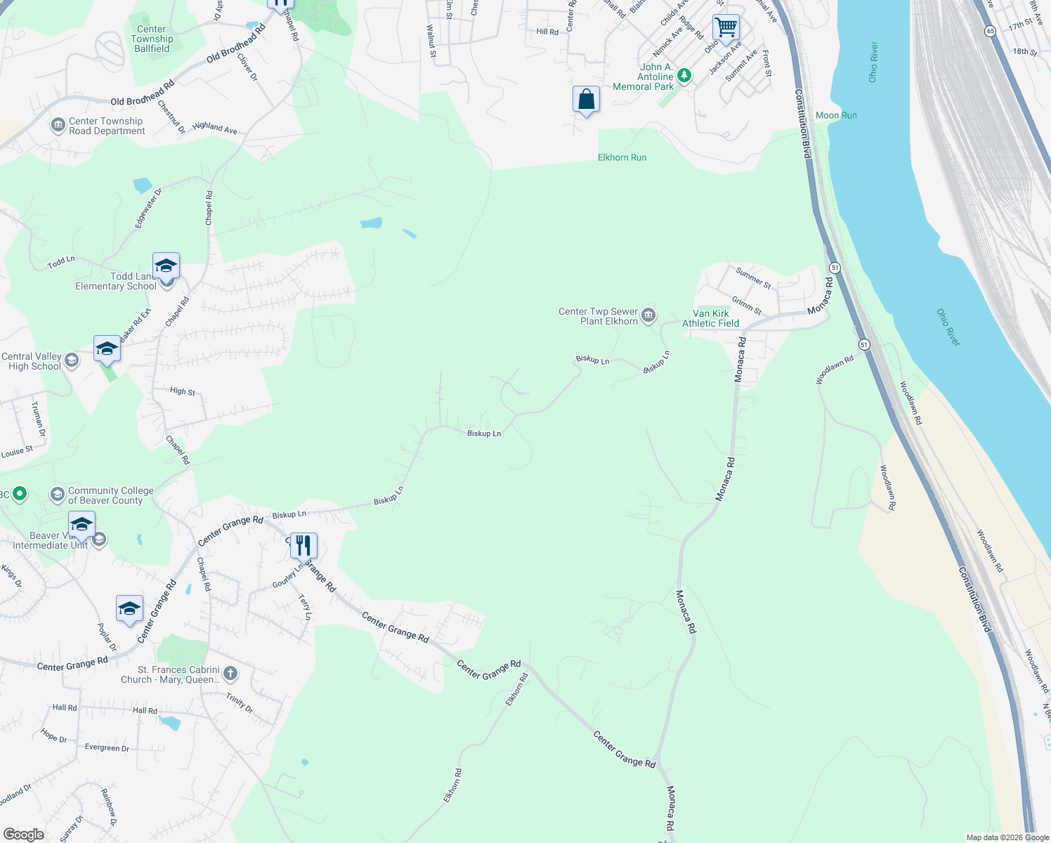 map of restaurants, bars, coffee shops, grocery stores, and more near 313 Biskup Lane in Monaca