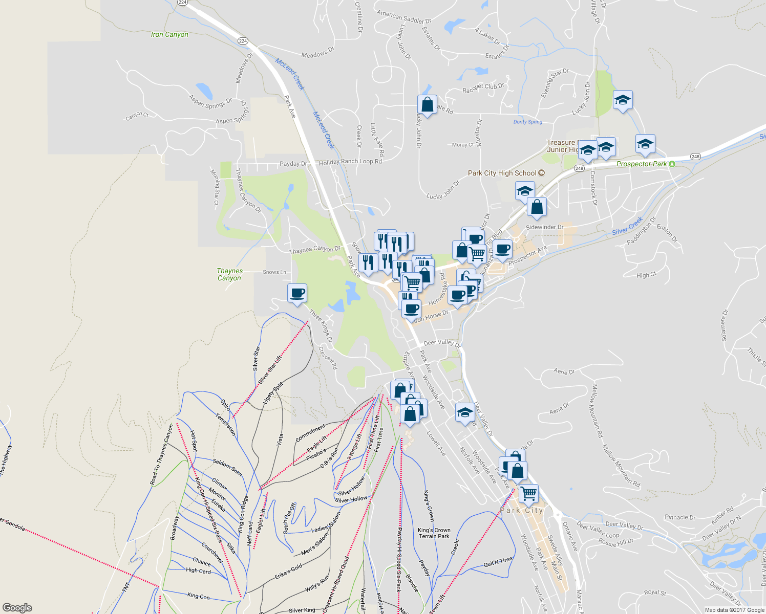 map of restaurants, bars, coffee shops, grocery stores, and more near 1781 Captain Molly Drive in Park City