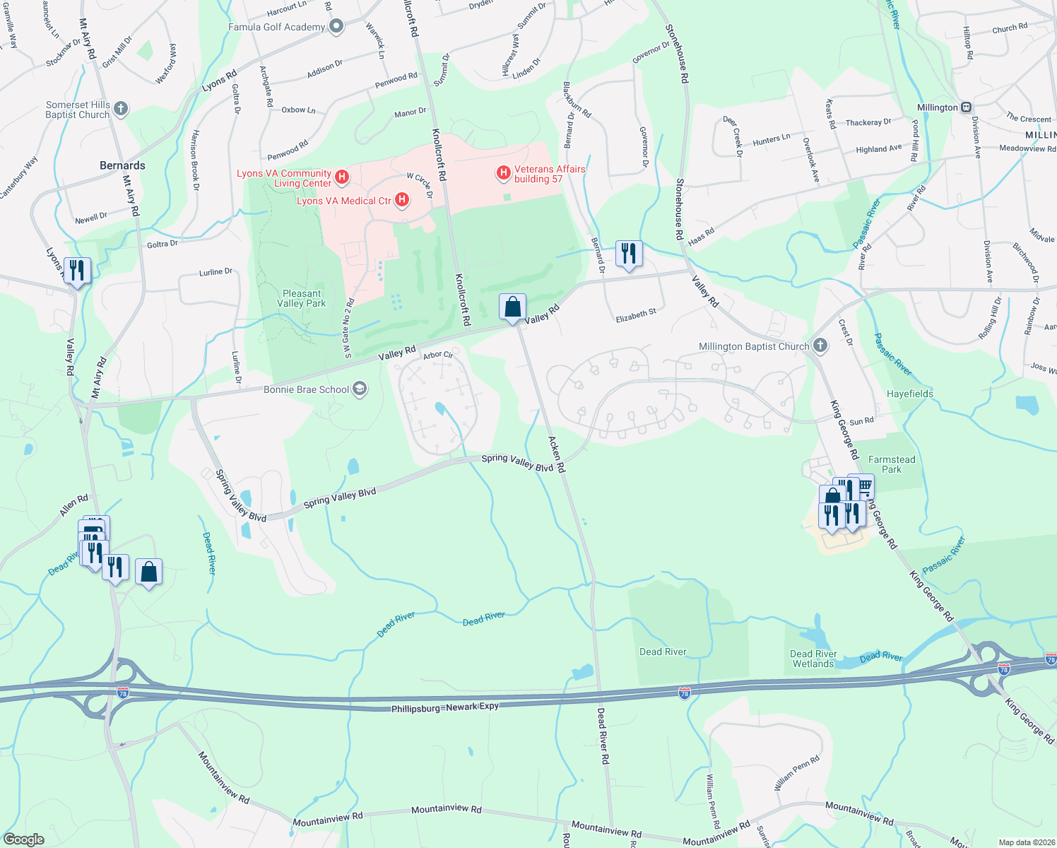 map of restaurants, bars, coffee shops, grocery stores, and more near 4 Kindred Court in Bernards