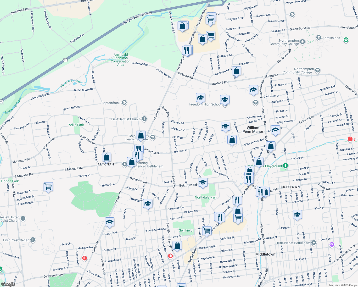 map of restaurants, bars, coffee shops, grocery stores, and more near 1741 Easthill Dr in Bethlehem