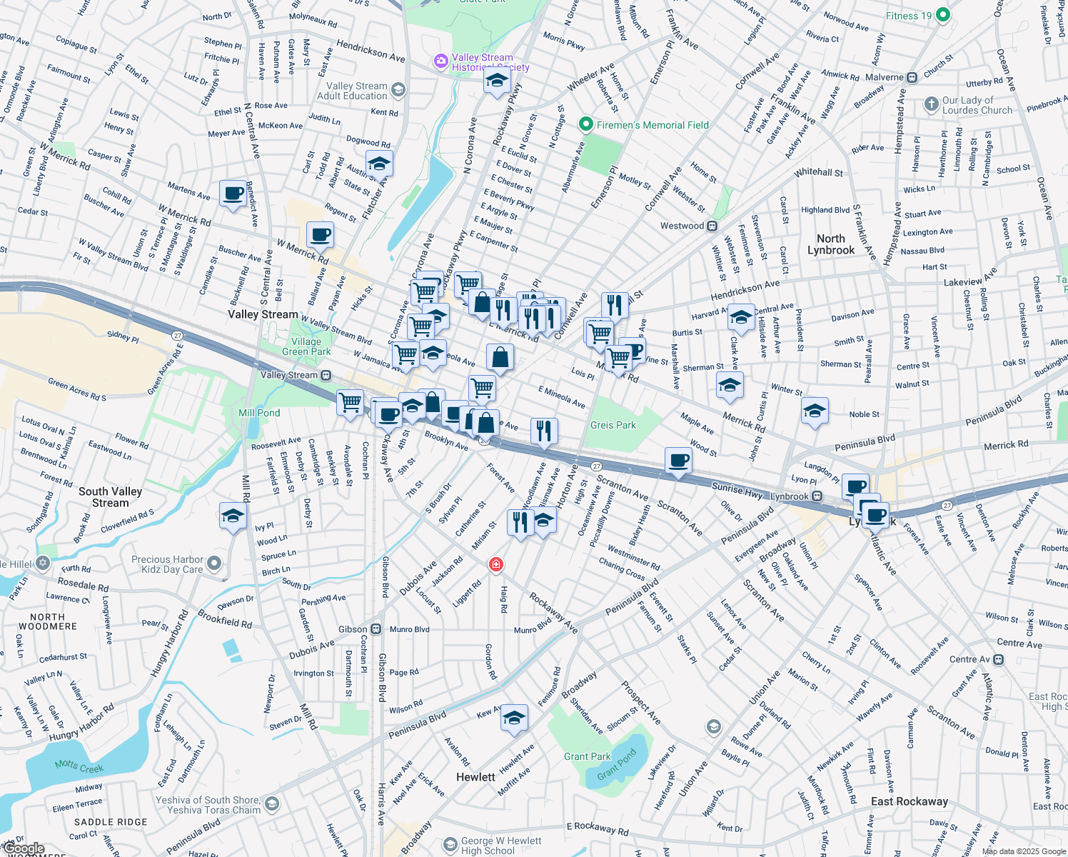 map of restaurants, bars, coffee shops, grocery stores, and more near 187 East Hawthorne Avenue in Valley Stream