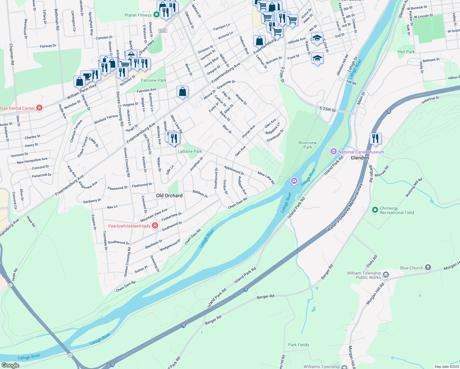 map of restaurants, bars, coffee shops, grocery stores, and more near 3527 Glen Ave in Easton