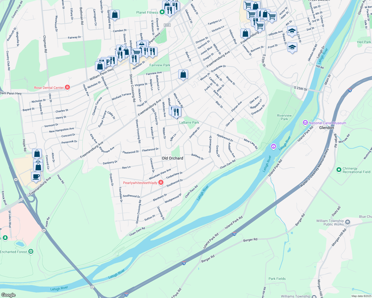 map of restaurants, bars, coffee shops, grocery stores, and more near 186 Jonathan Dr in Easton
