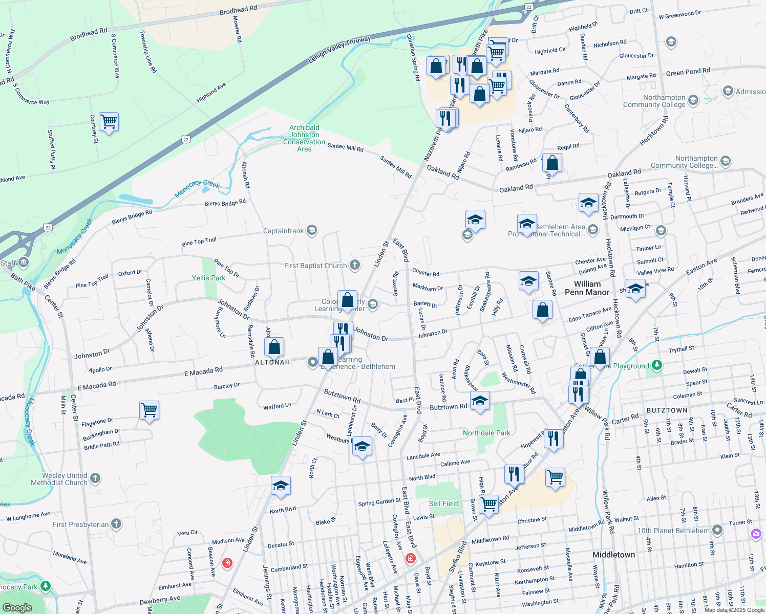 map of restaurants, bars, coffee shops, grocery stores, and more near 1516 Thompson Avenue in Bethlehem