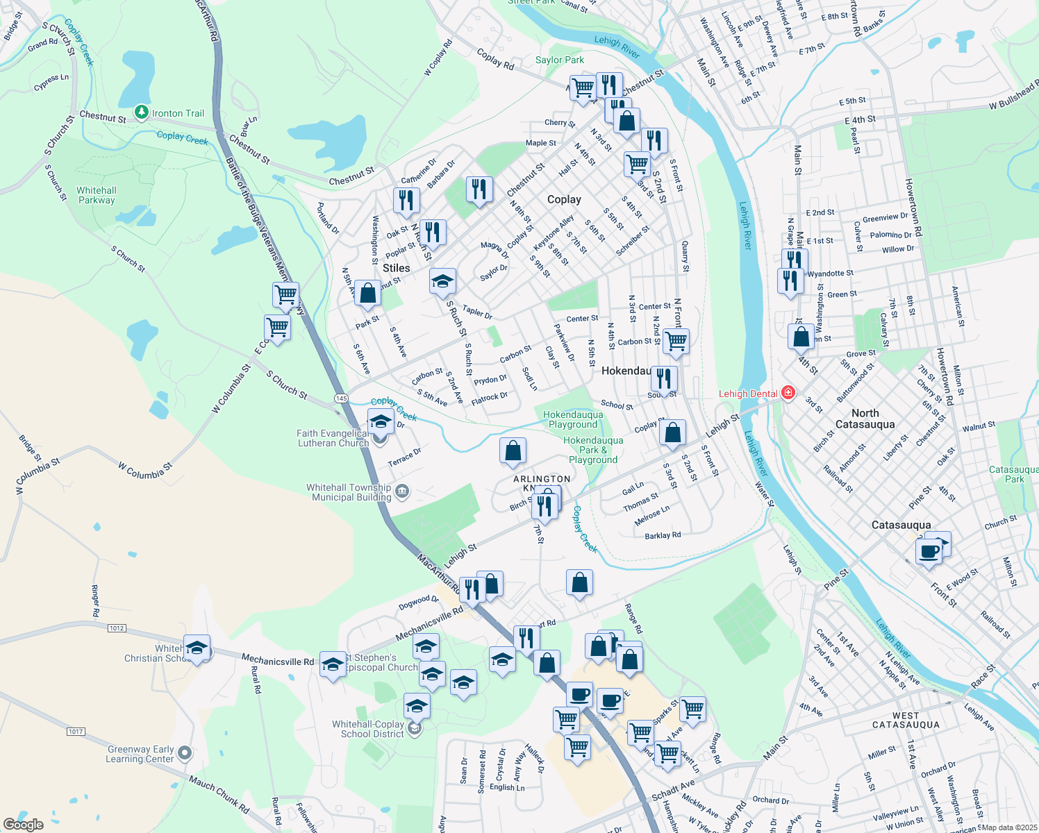 map of restaurants, bars, coffee shops, grocery stores, and more near 3229 Clear Stream Drive in Whitehall