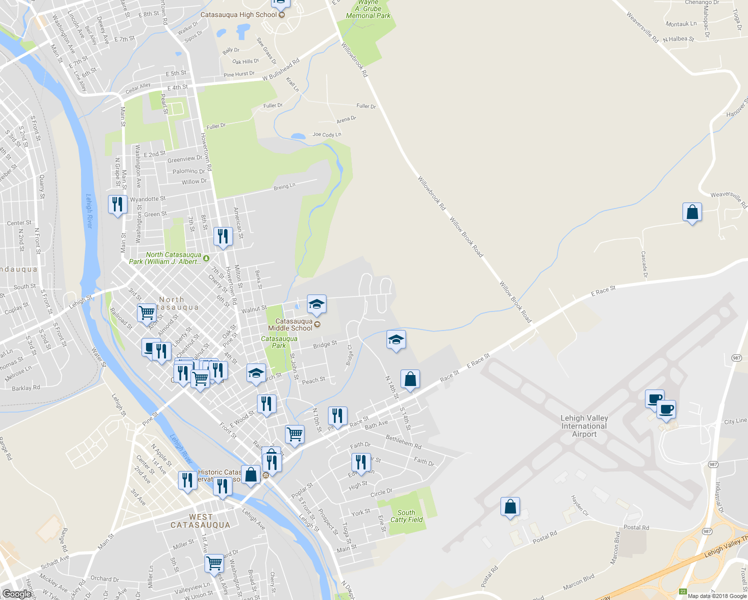 map of restaurants, bars, coffee shops, grocery stores, and more near 96 Cambridge Place in Catasauqua
