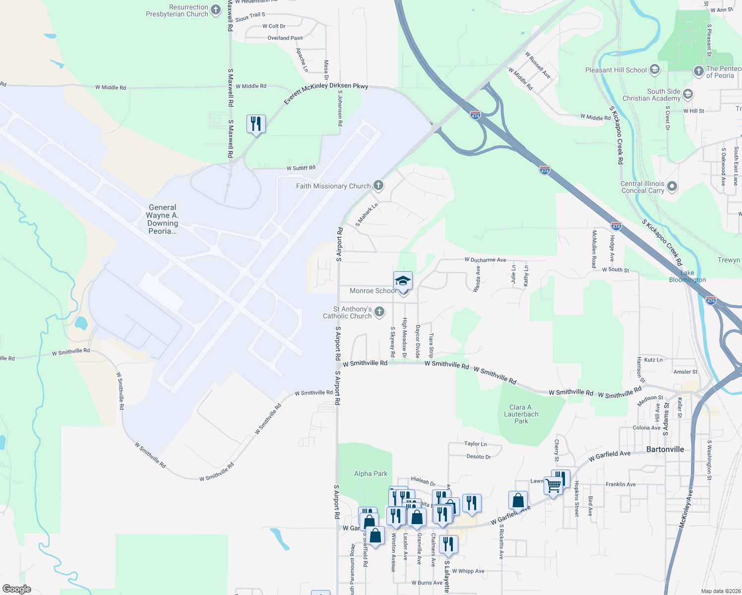 map of restaurants, bars, coffee shops, grocery stores, and more near 5305 West Cisna Road in Bartonville