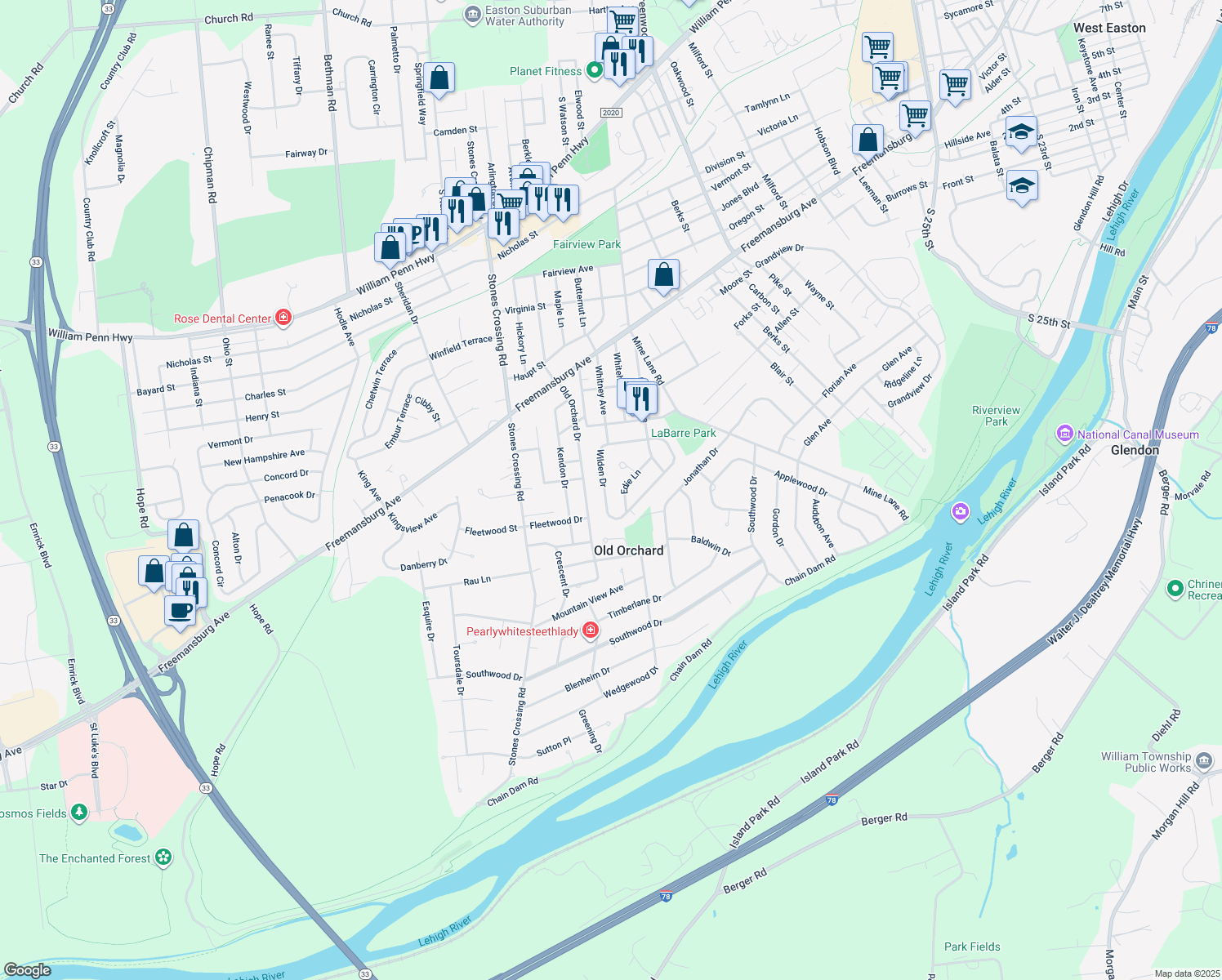map of restaurants, bars, coffee shops, grocery stores, and more near 24 Wilden Drive in Easton
