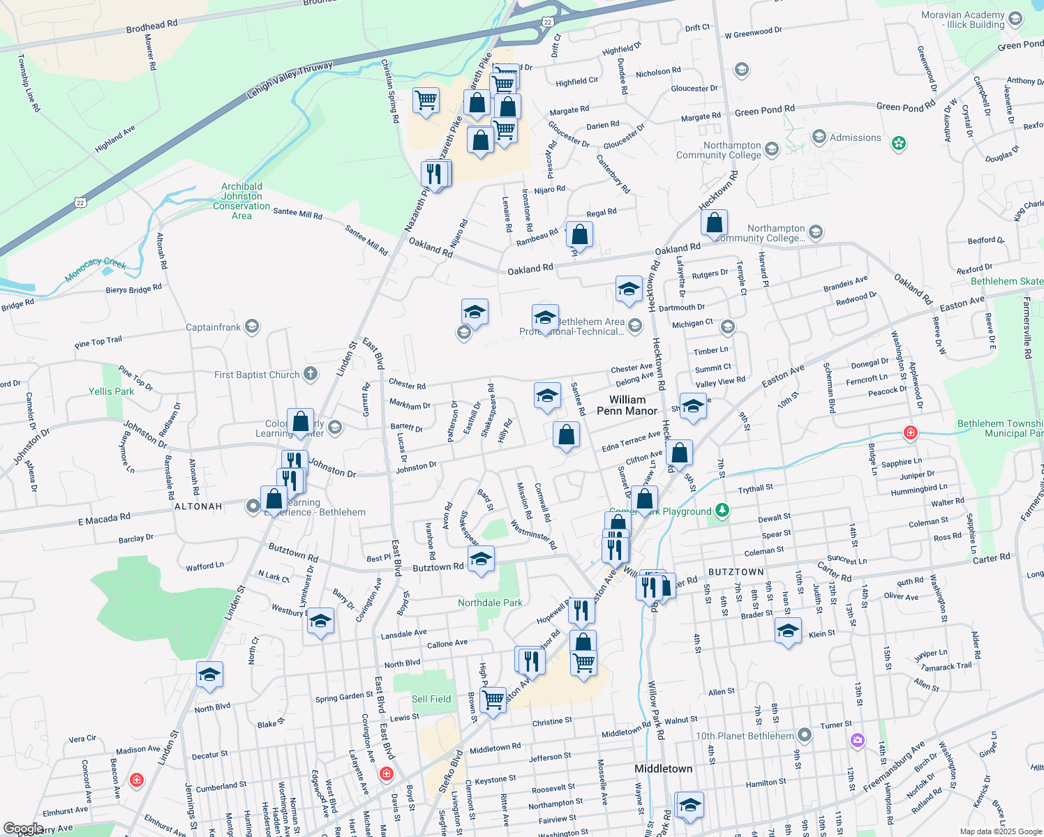 map of restaurants, bars, coffee shops, grocery stores, and more near 3134 Easthill Drive in Bethlehem