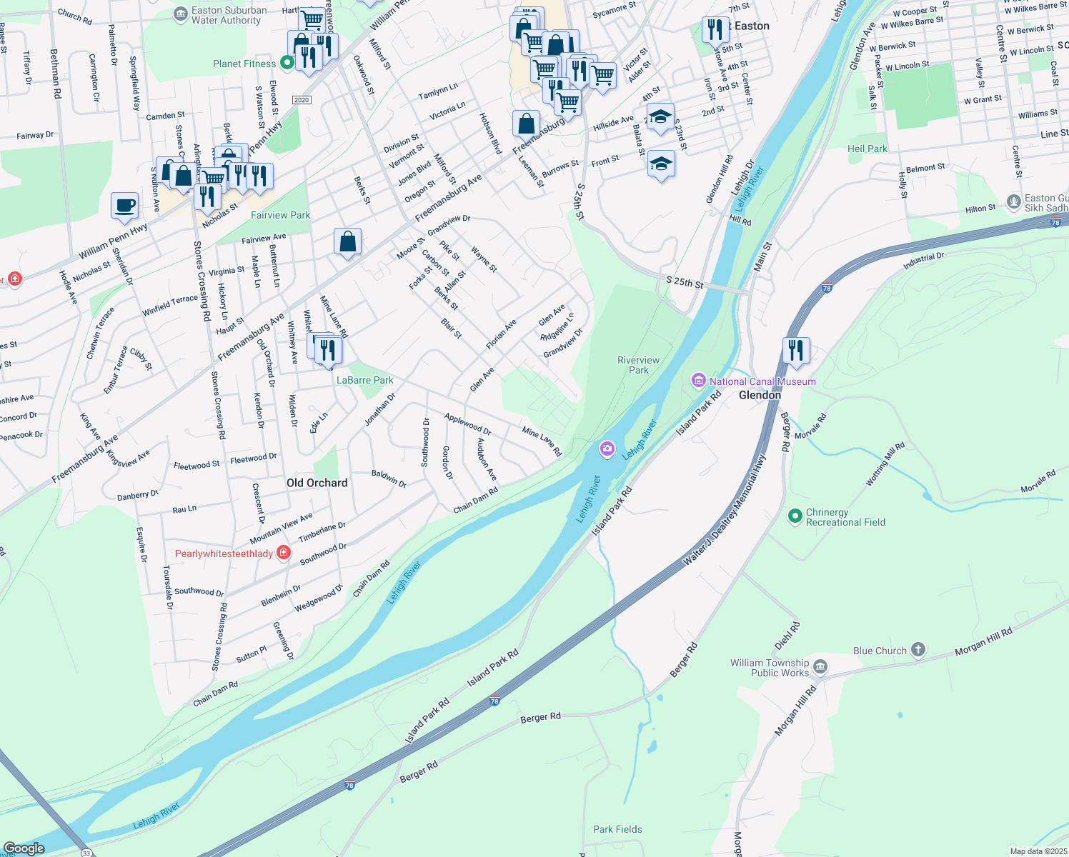 map of restaurants, bars, coffee shops, grocery stores, and more near 1730 Mine Lane Road in Easton