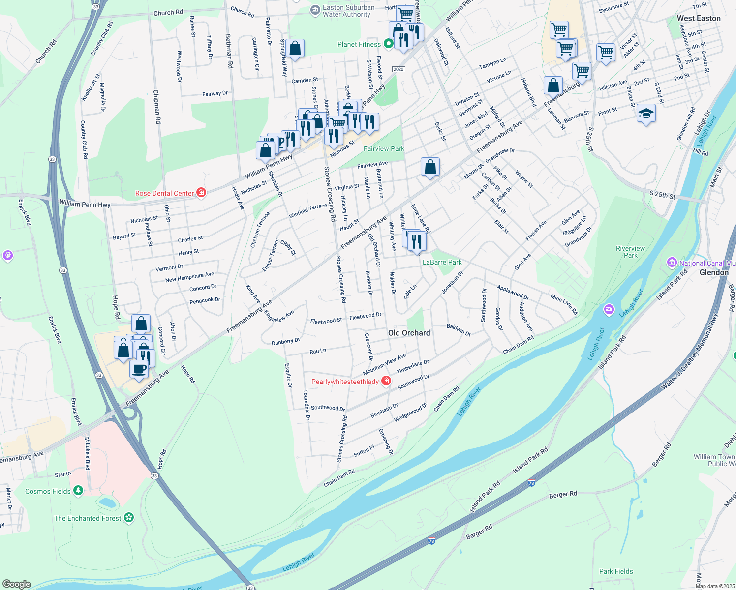 map of restaurants, bars, coffee shops, grocery stores, and more near 101 Kendon Dr in Easton
