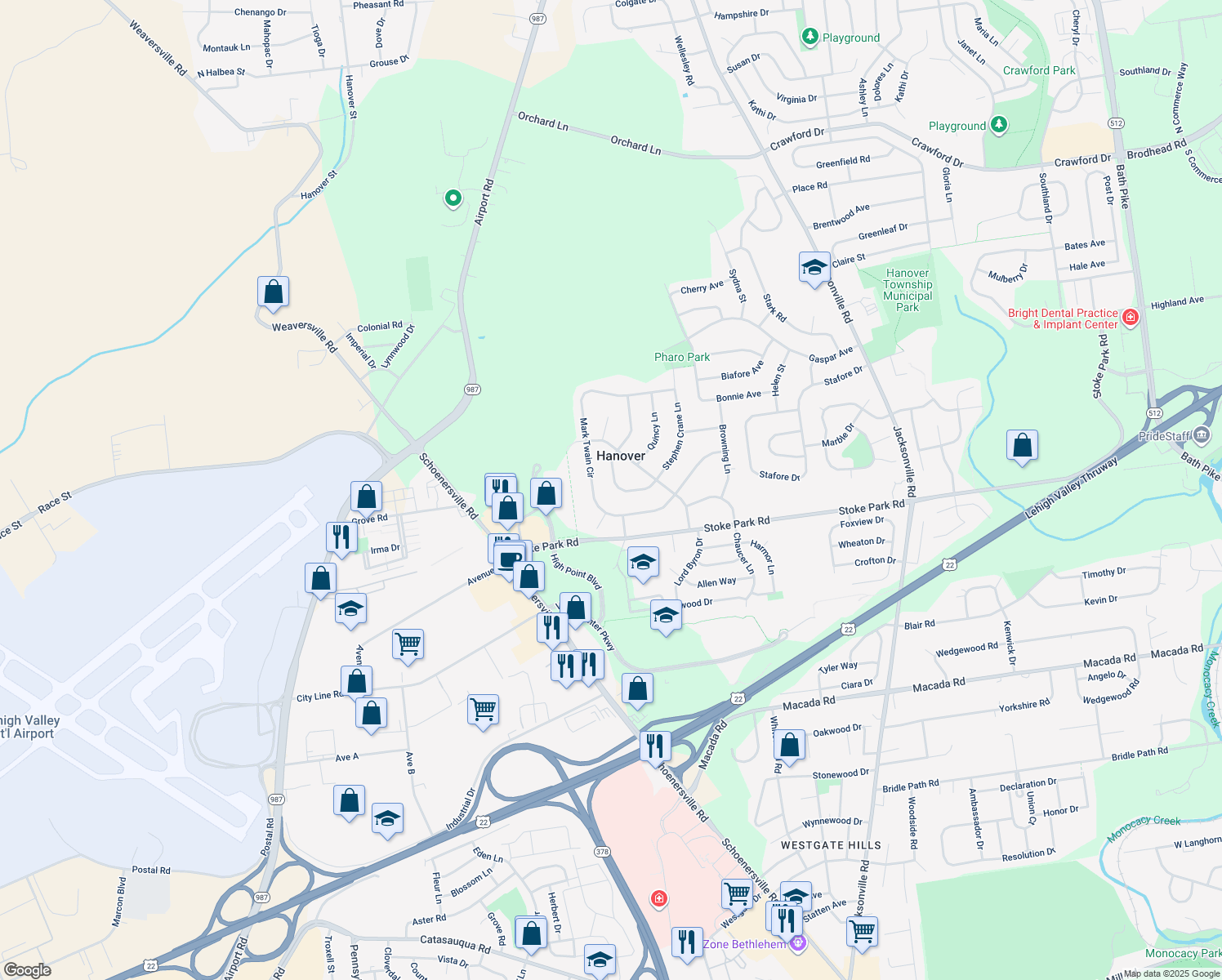 map of restaurants, bars, coffee shops, grocery stores, and more near 1685 Chippendale Circle in Bethlehem