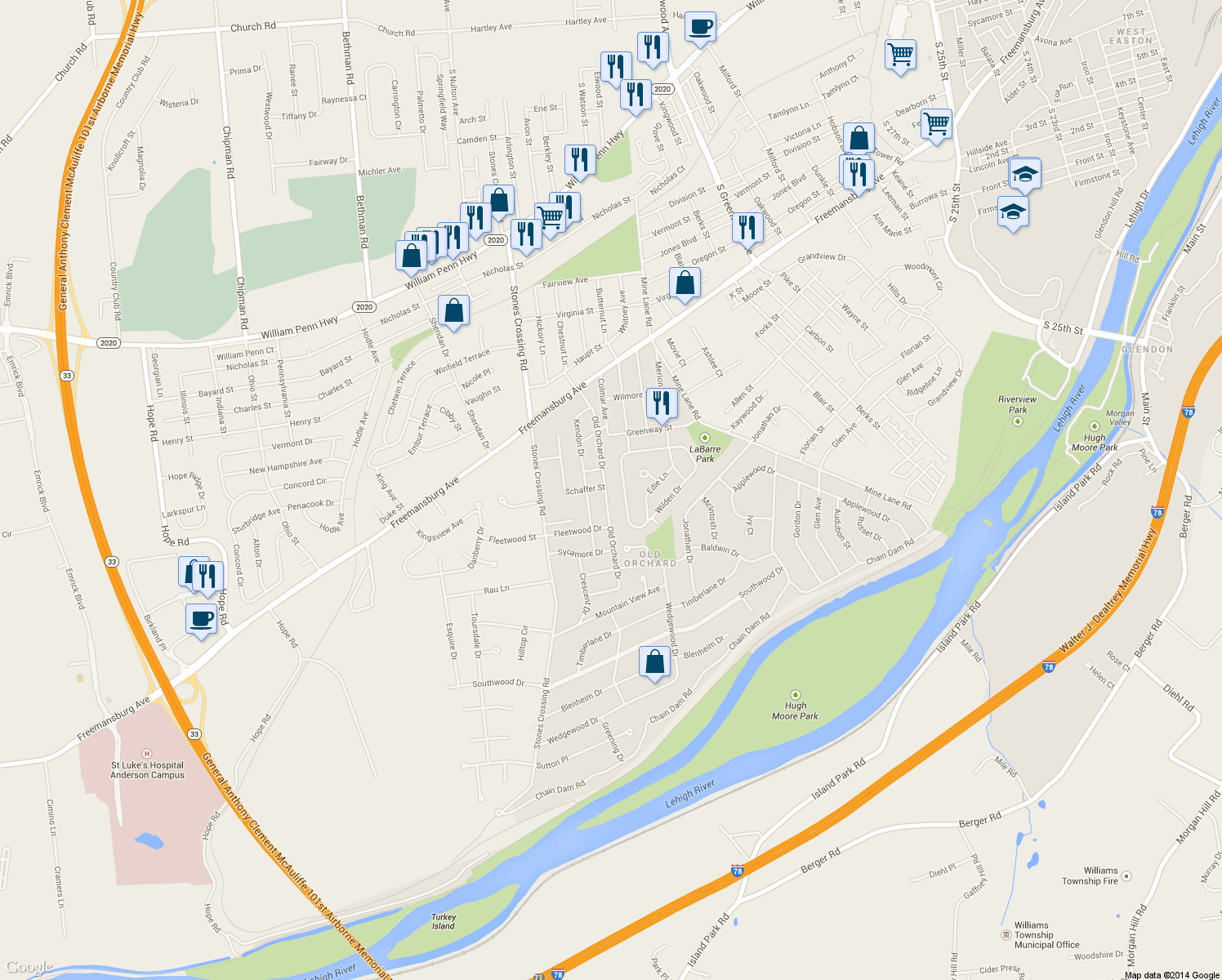 map of restaurants, bars, coffee shops, grocery stores, and more near 100 Old Orchard Dr in Easton