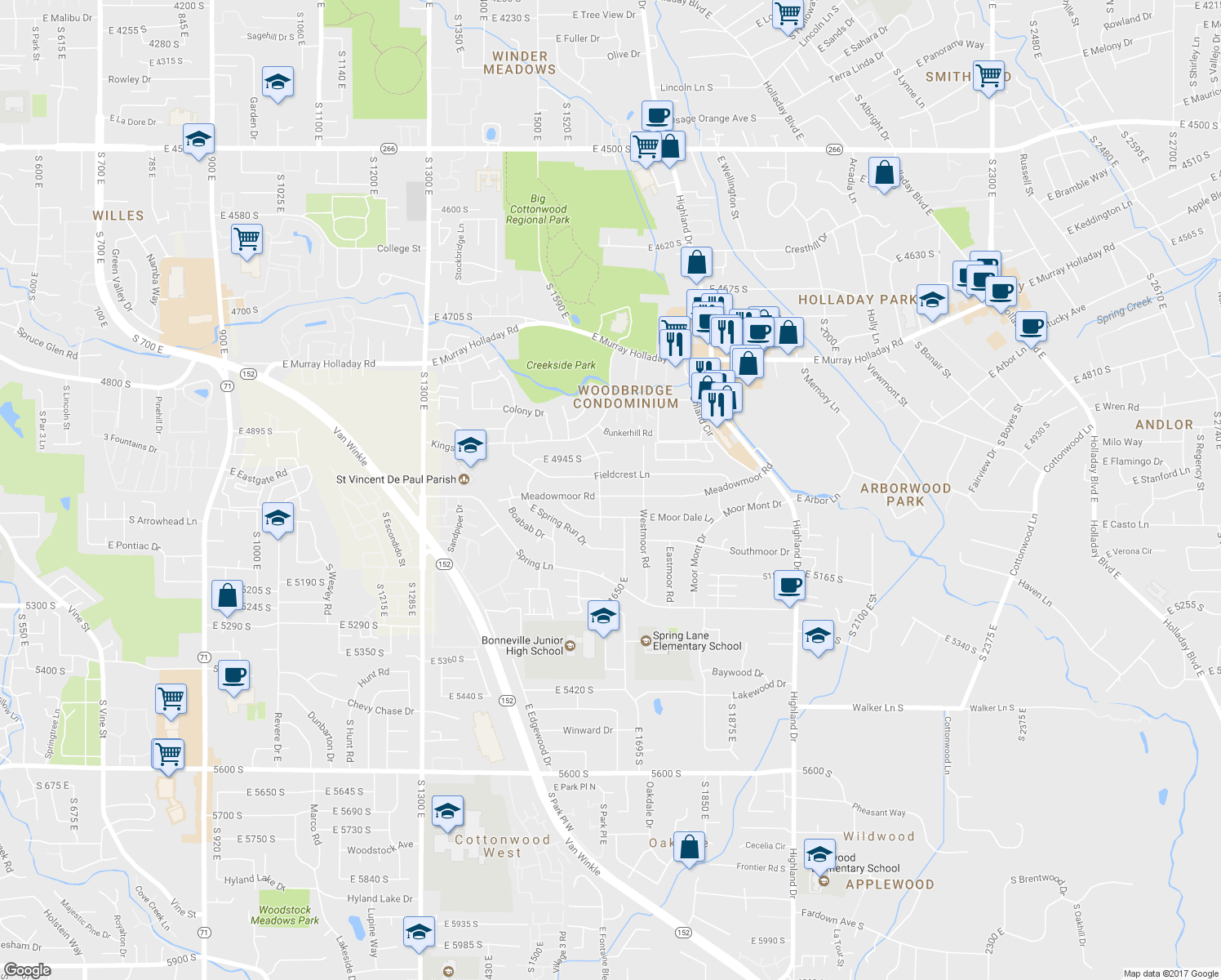 map of restaurants, bars, coffee shops, grocery stores, and more near 1665 Meadowmoor Road in Holladay