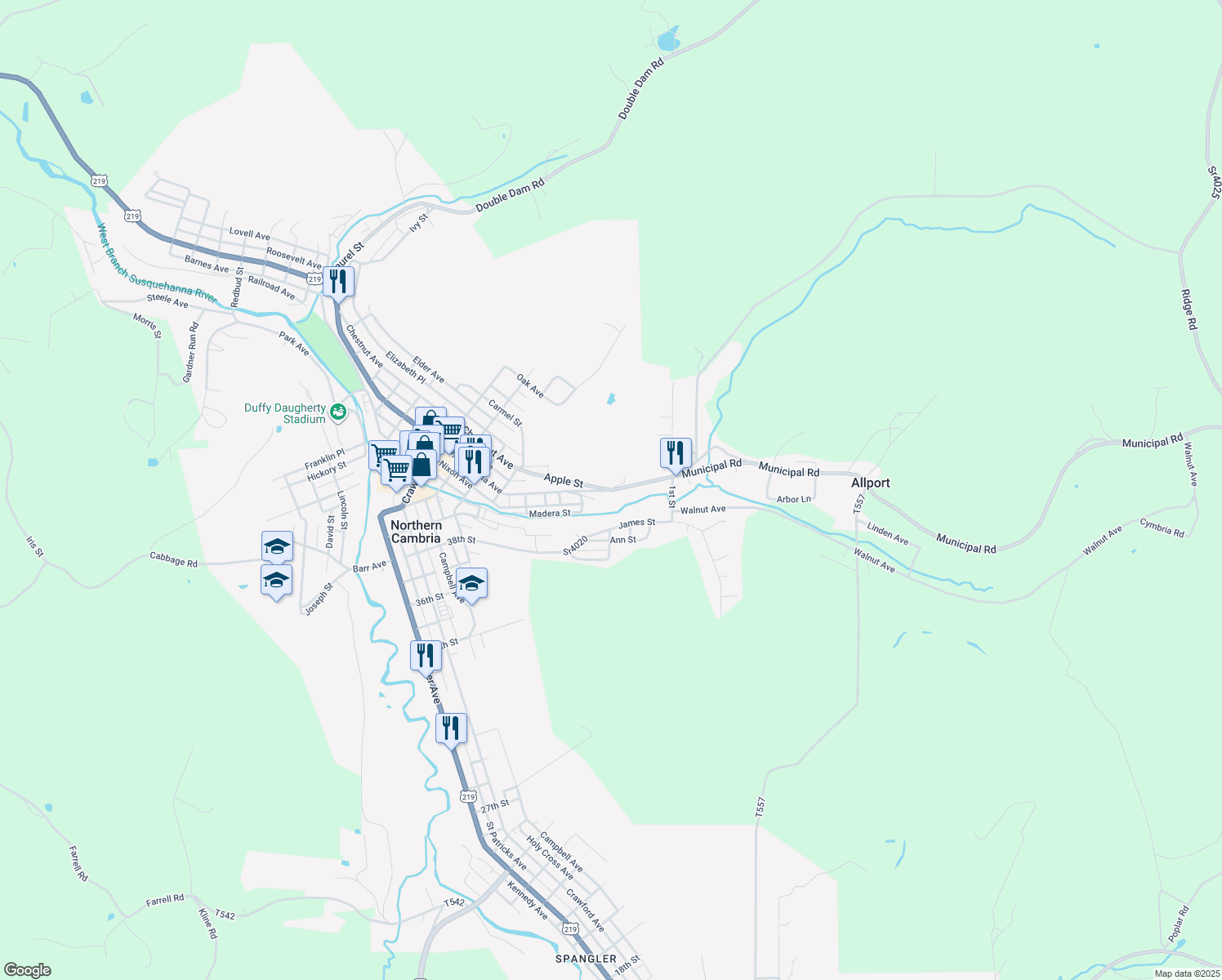 map of restaurants, bars, coffee shops, grocery stores, and more near 200 Philadelphia Avenue in Northern Cambria