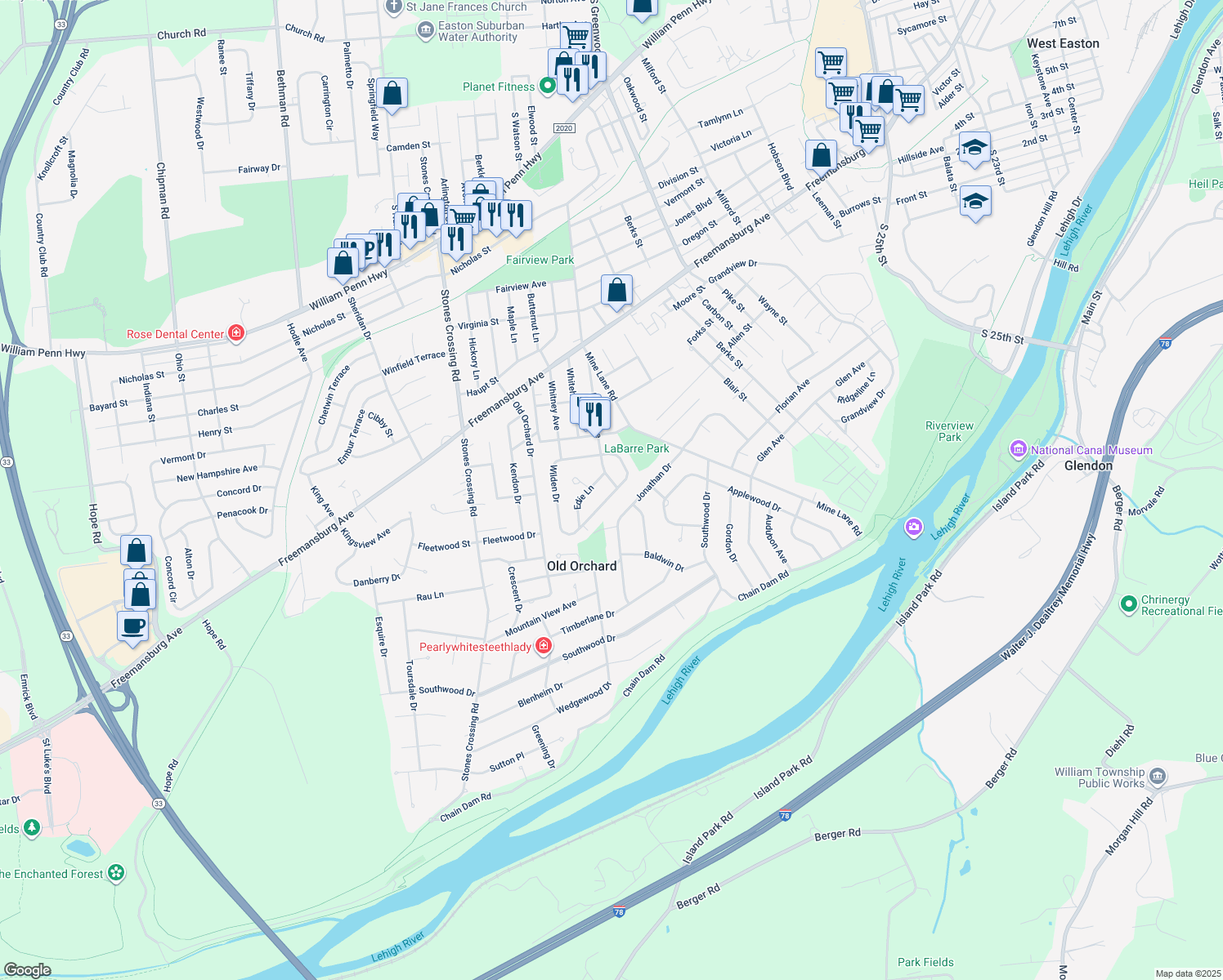 map of restaurants, bars, coffee shops, grocery stores, and more near 74 Wilden Drive in Easton