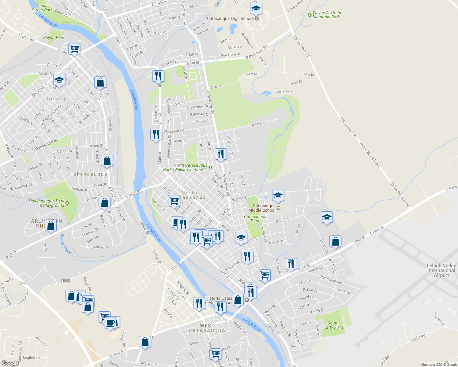 map of restaurants, bars, coffee shops, grocery stores, and more near 1049 Howertown Road in Catasauqua