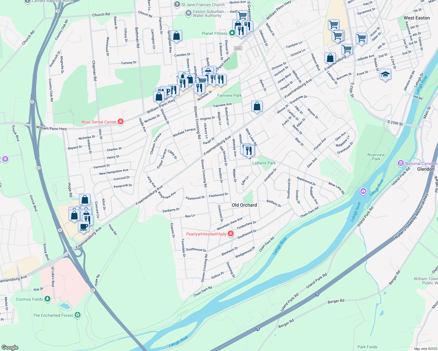 map of restaurants, bars, coffee shops, grocery stores, and more near 29 Kendon Drive in Easton
