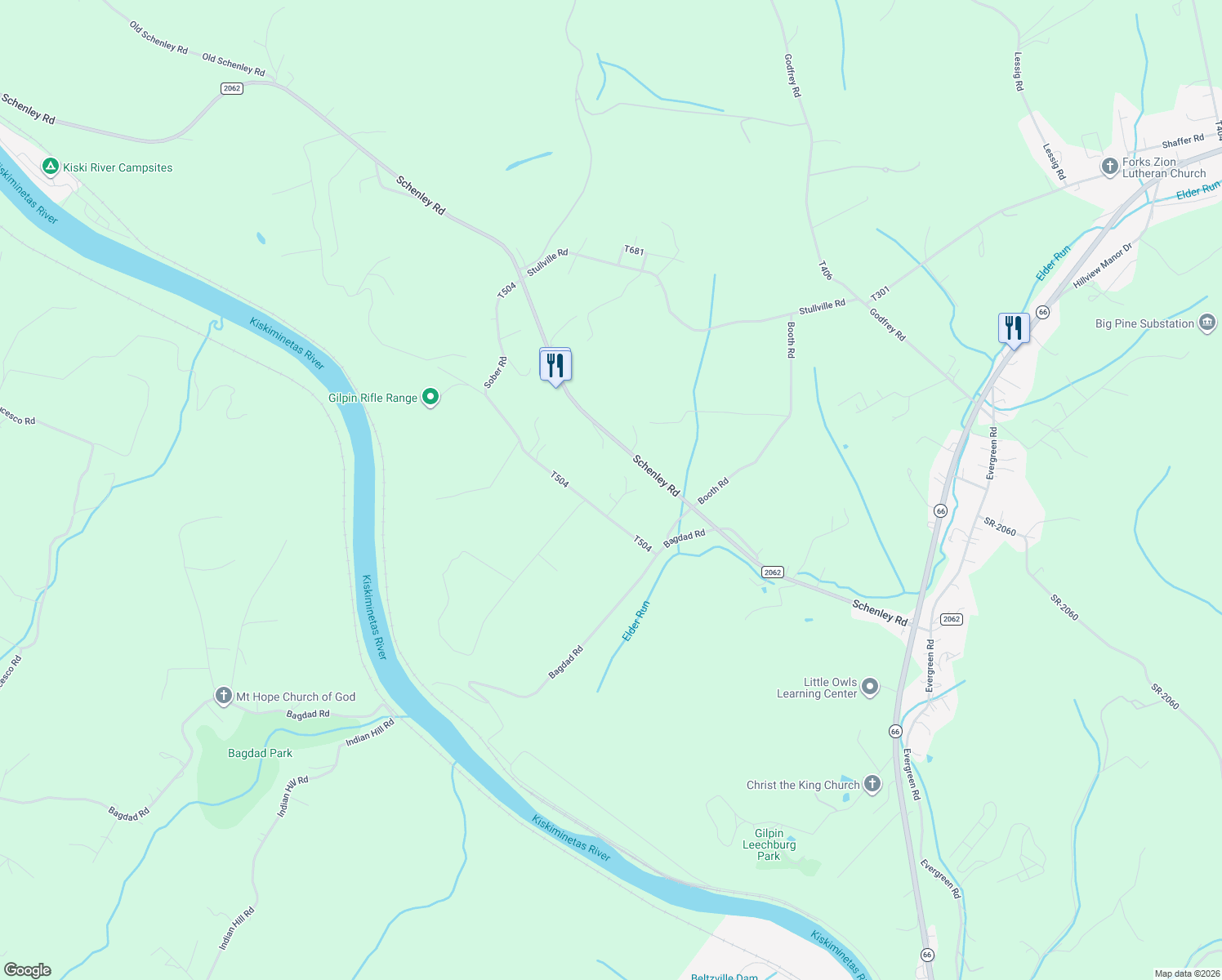 map of restaurants, bars, coffee shops, grocery stores, and more near 119 Ritter Lane in Leechburg