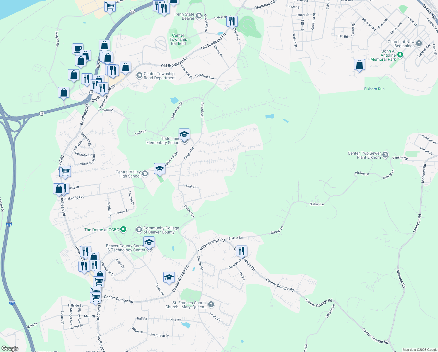 map of restaurants, bars, coffee shops, grocery stores, and more near 132 Cedar Ridge Dr in Monaca