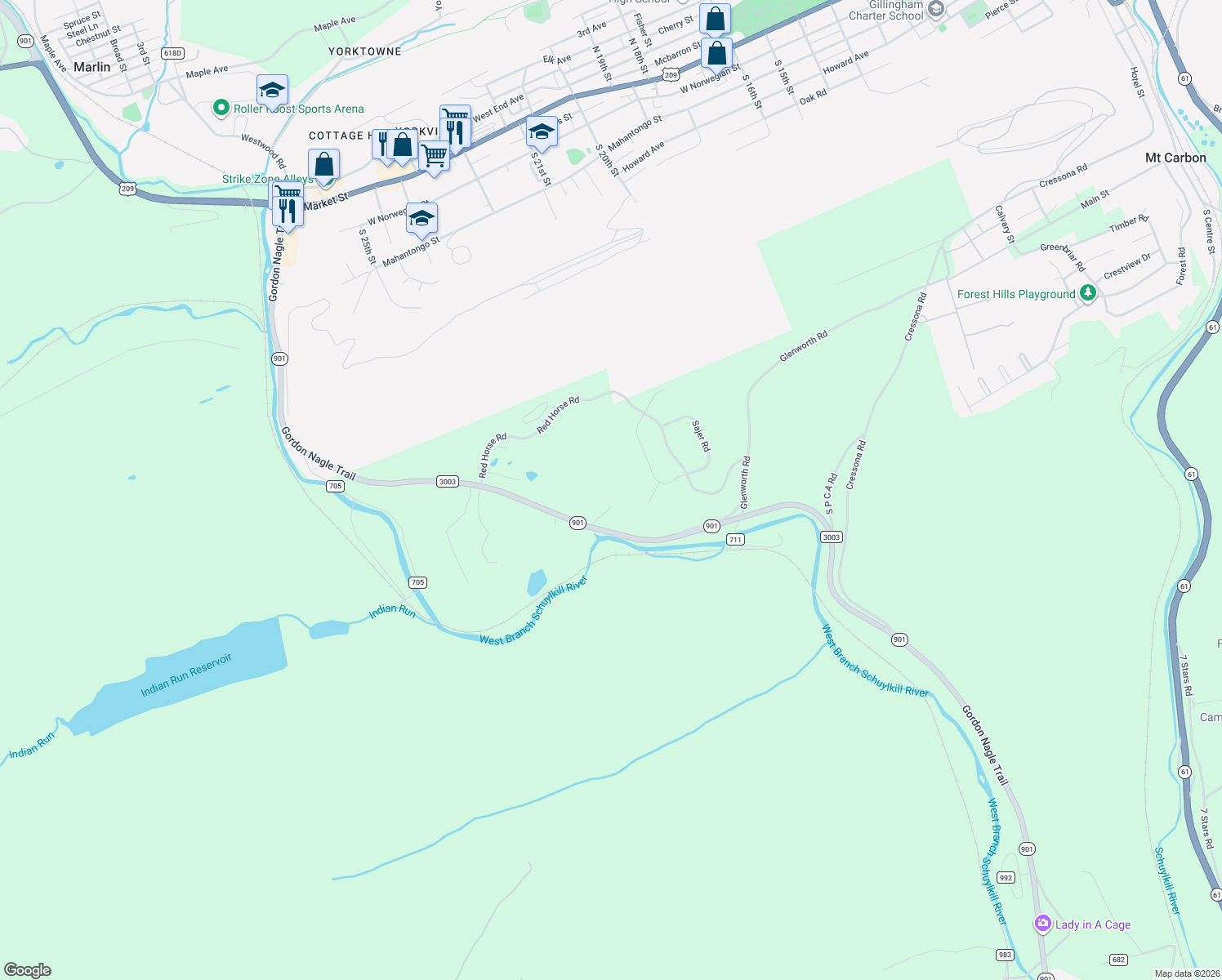 map of restaurants, bars, coffee shops, grocery stores, and more near 586 Gordon Nagle Trail in Pottsville