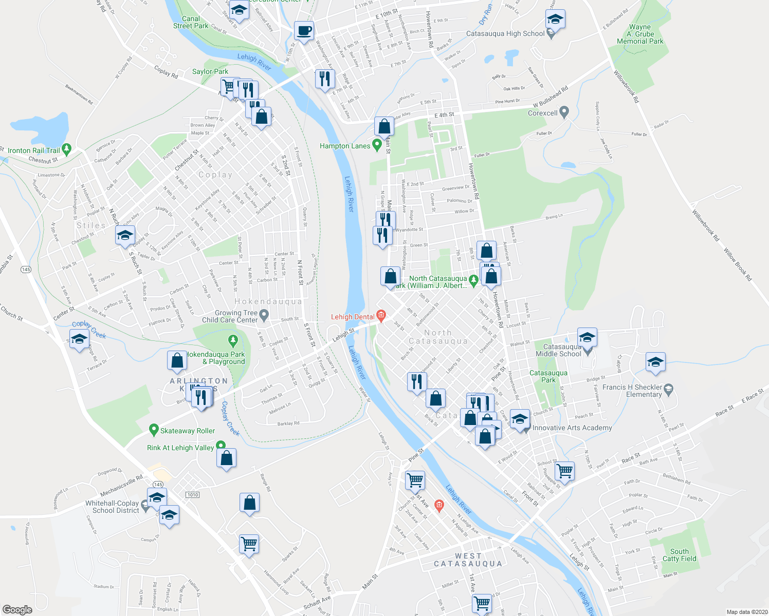 map of restaurants, bars, coffee shops, grocery stores, and more near 1329 3rd Street in Catasauqua