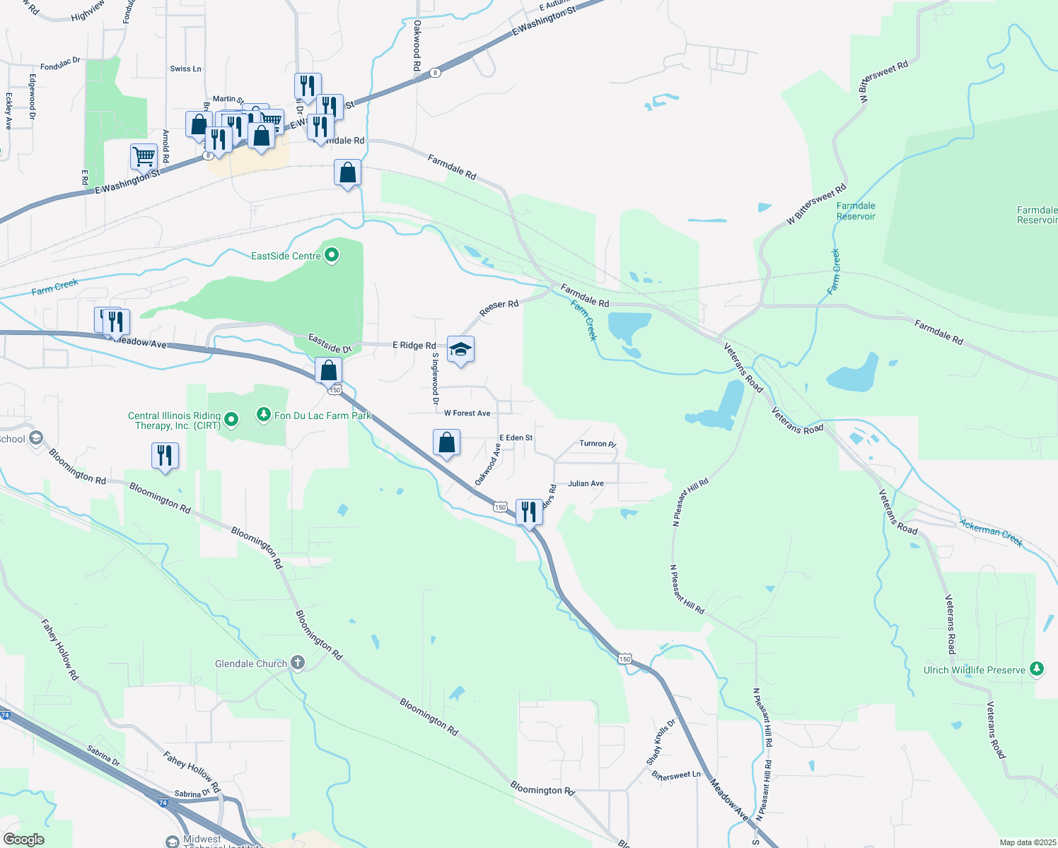 map of restaurants, bars, coffee shops, grocery stores, and more near 207 Racill Ct in East Peoria