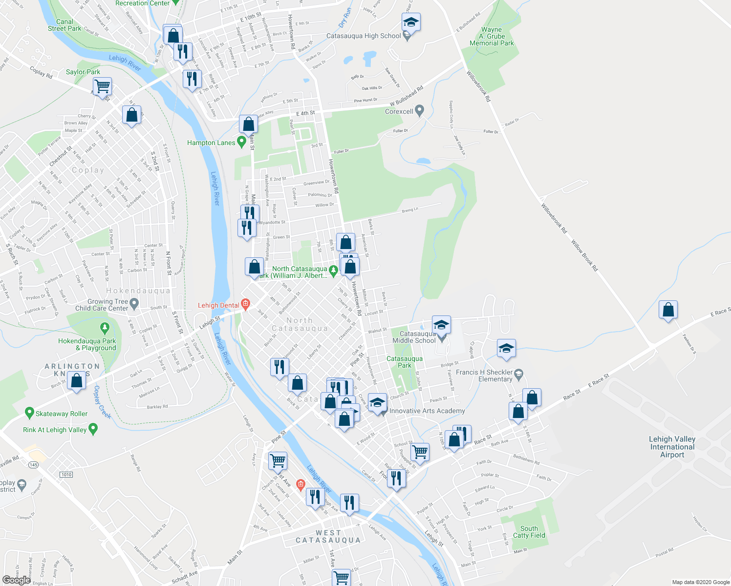 map of restaurants, bars, coffee shops, grocery stores, and more near 717 Chapel Street in Catasauqua