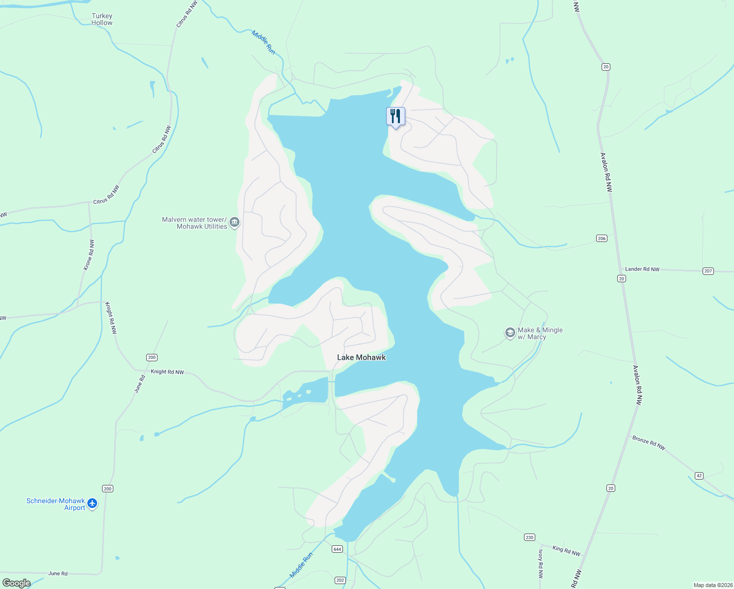 map of restaurants, bars, coffee shops, grocery stores, and more near 310 West Mohawk Drive in Malvern