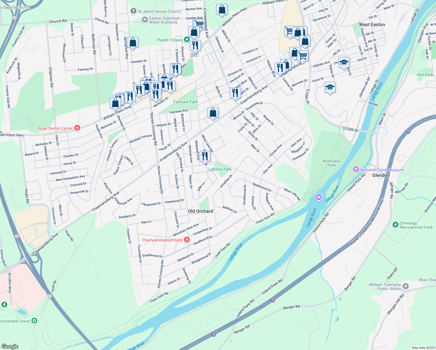 map of restaurants, bars, coffee shops, grocery stores, and more near 89 Wilden Dr in Easton