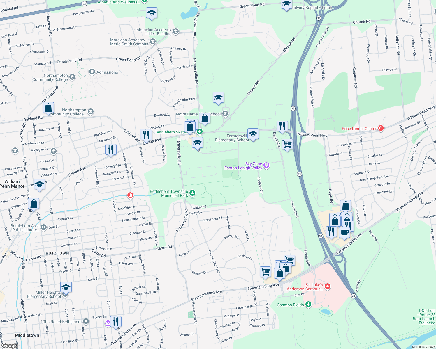 map of restaurants, bars, coffee shops, grocery stores, and more near 4550 Pheasant Run Court in Bethlehem