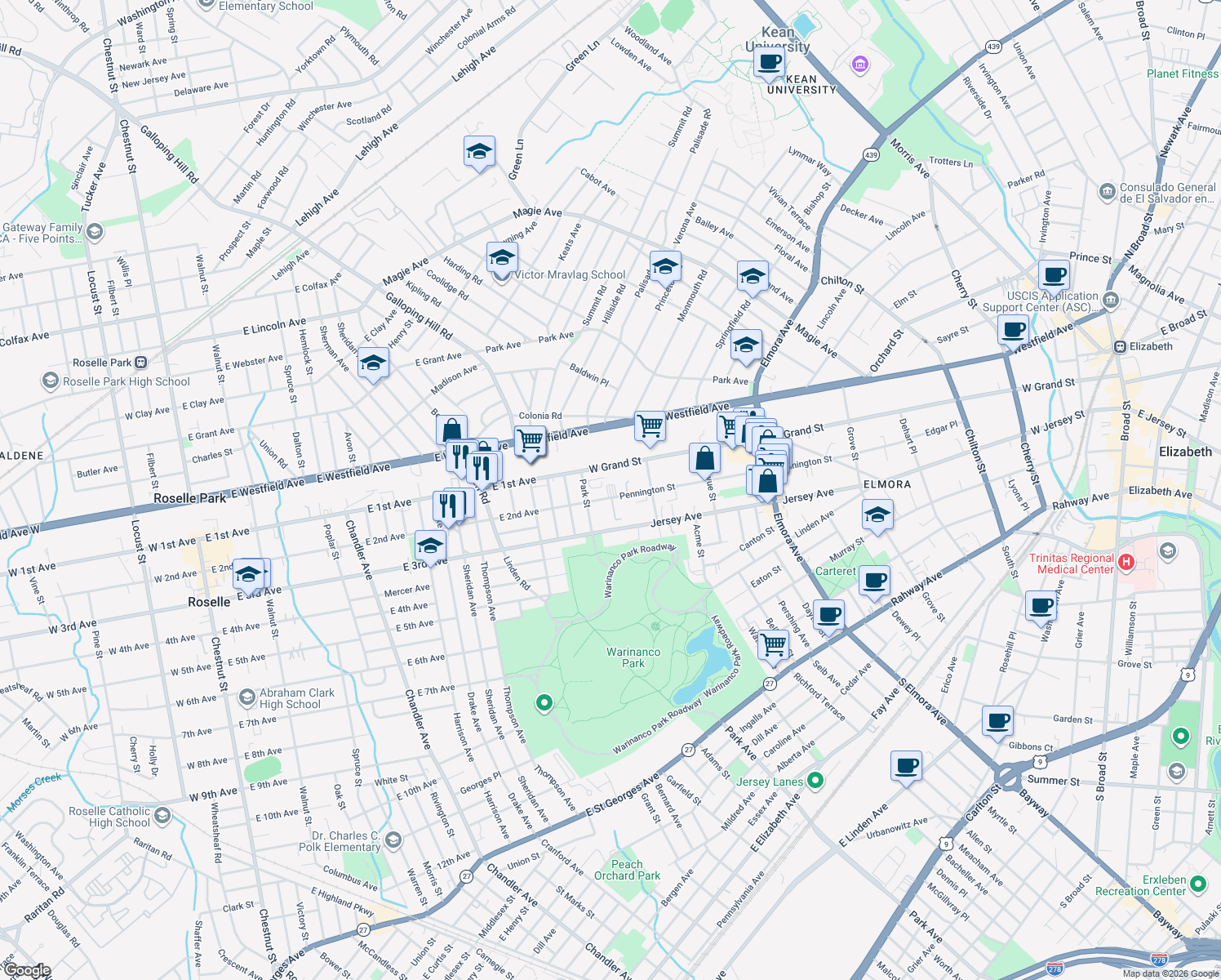 map of restaurants, bars, coffee shops, grocery stores, and more near 819 East 2nd Avenue in Roselle