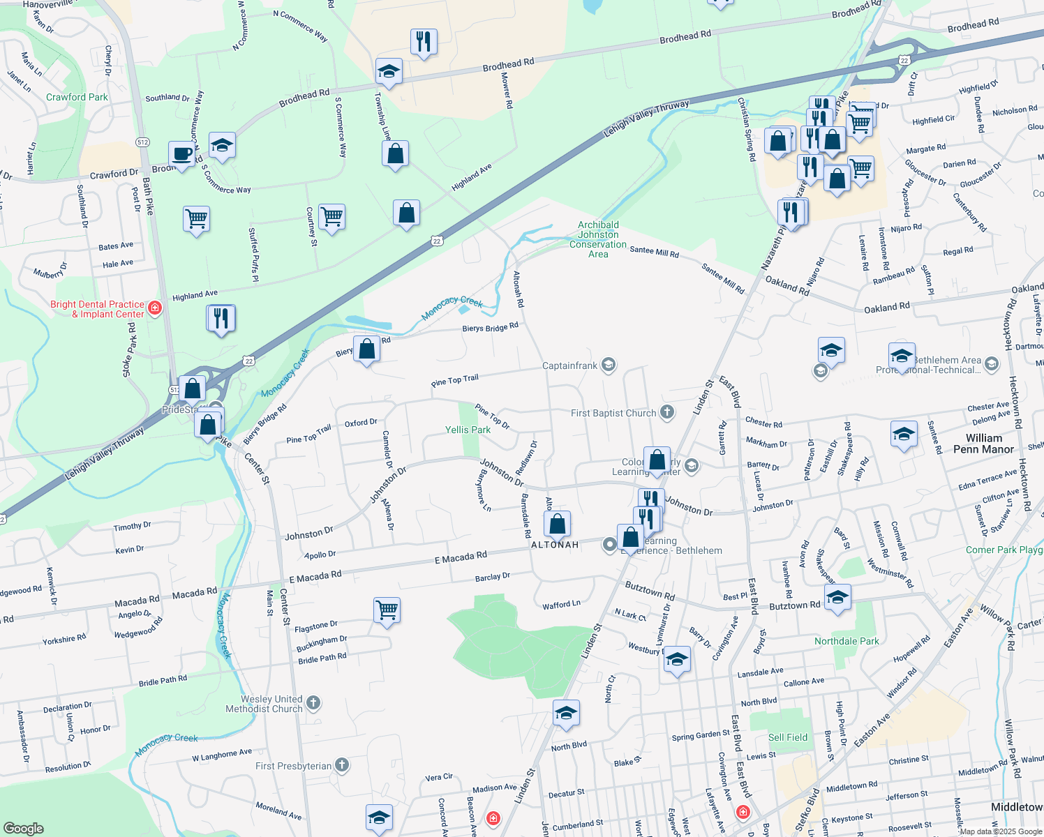 map of restaurants, bars, coffee shops, grocery stores, and more near 850 Laurel Dr in Bethlehem