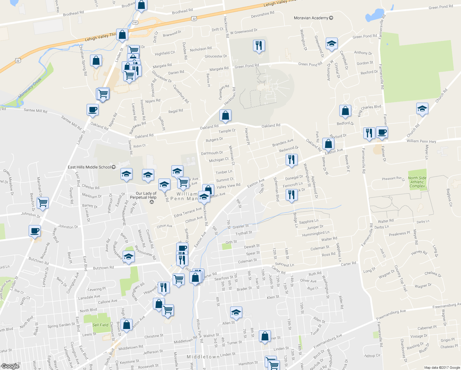 map of restaurants, bars, coffee shops, grocery stores, and more near 3544 Arbor Drive in Bethlehem