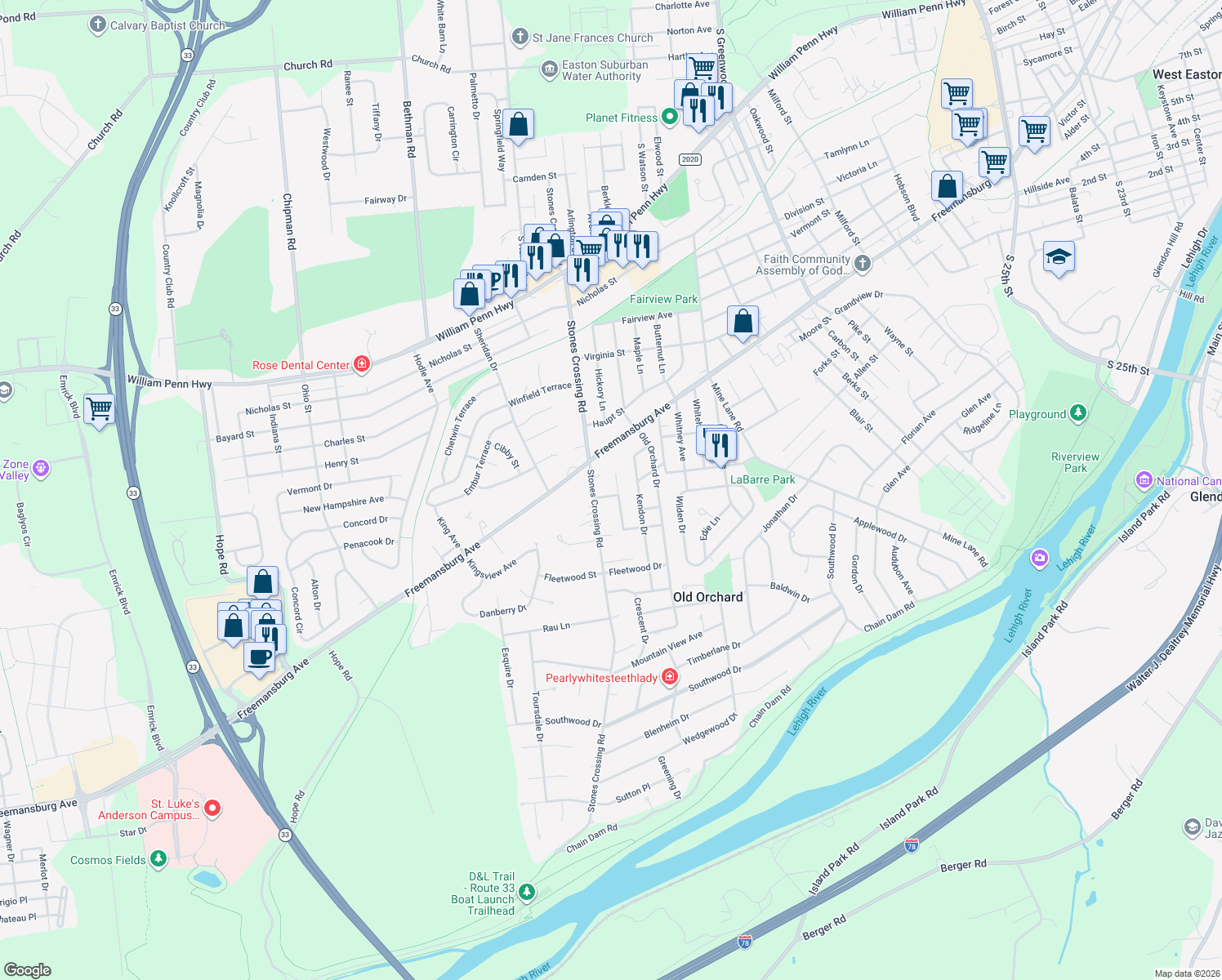 map of restaurants, bars, coffee shops, grocery stores, and more near 1 Juniper Ave in Easton