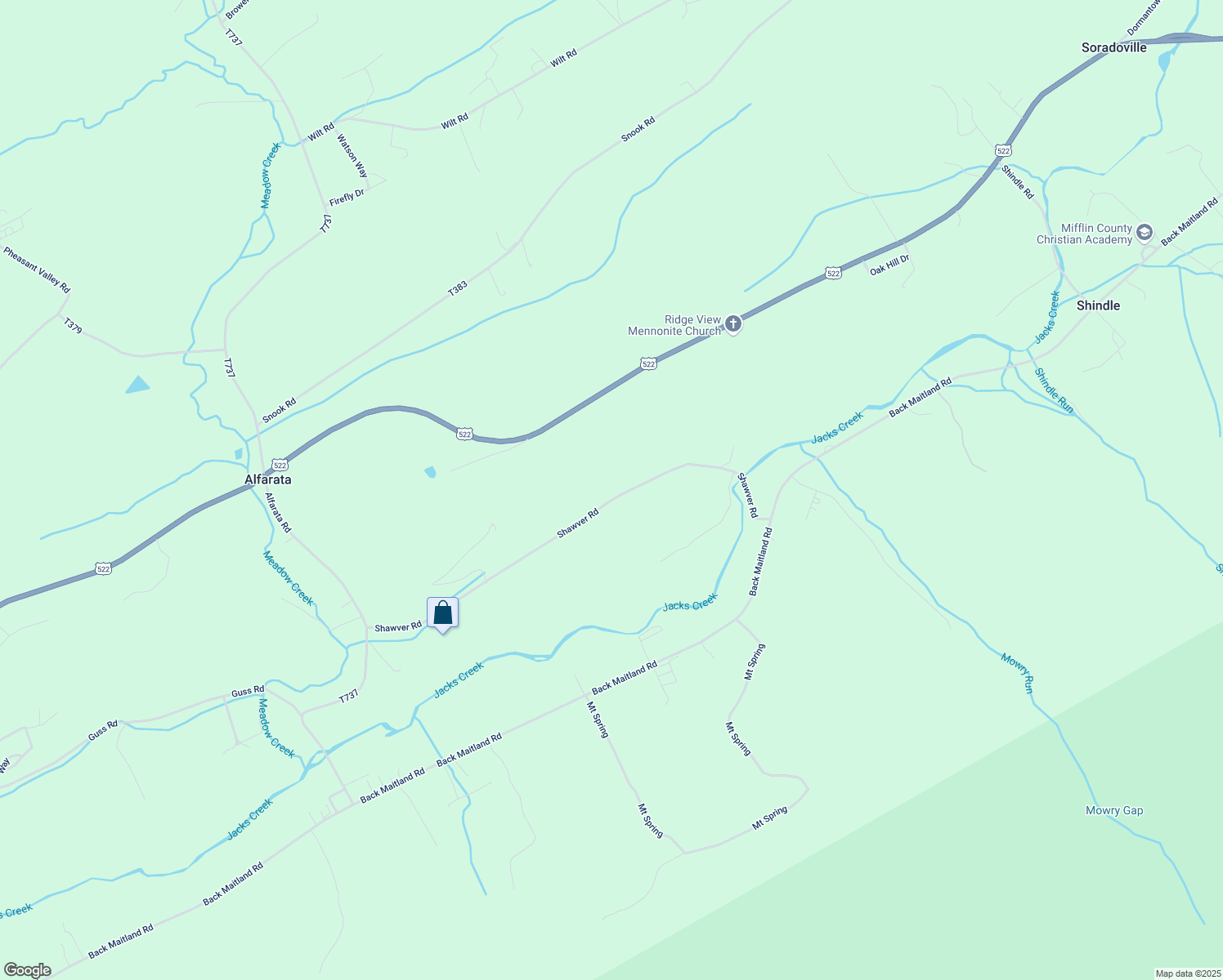 map of restaurants, bars, coffee shops, grocery stores, and more near 391 Shawver Road in McClure
