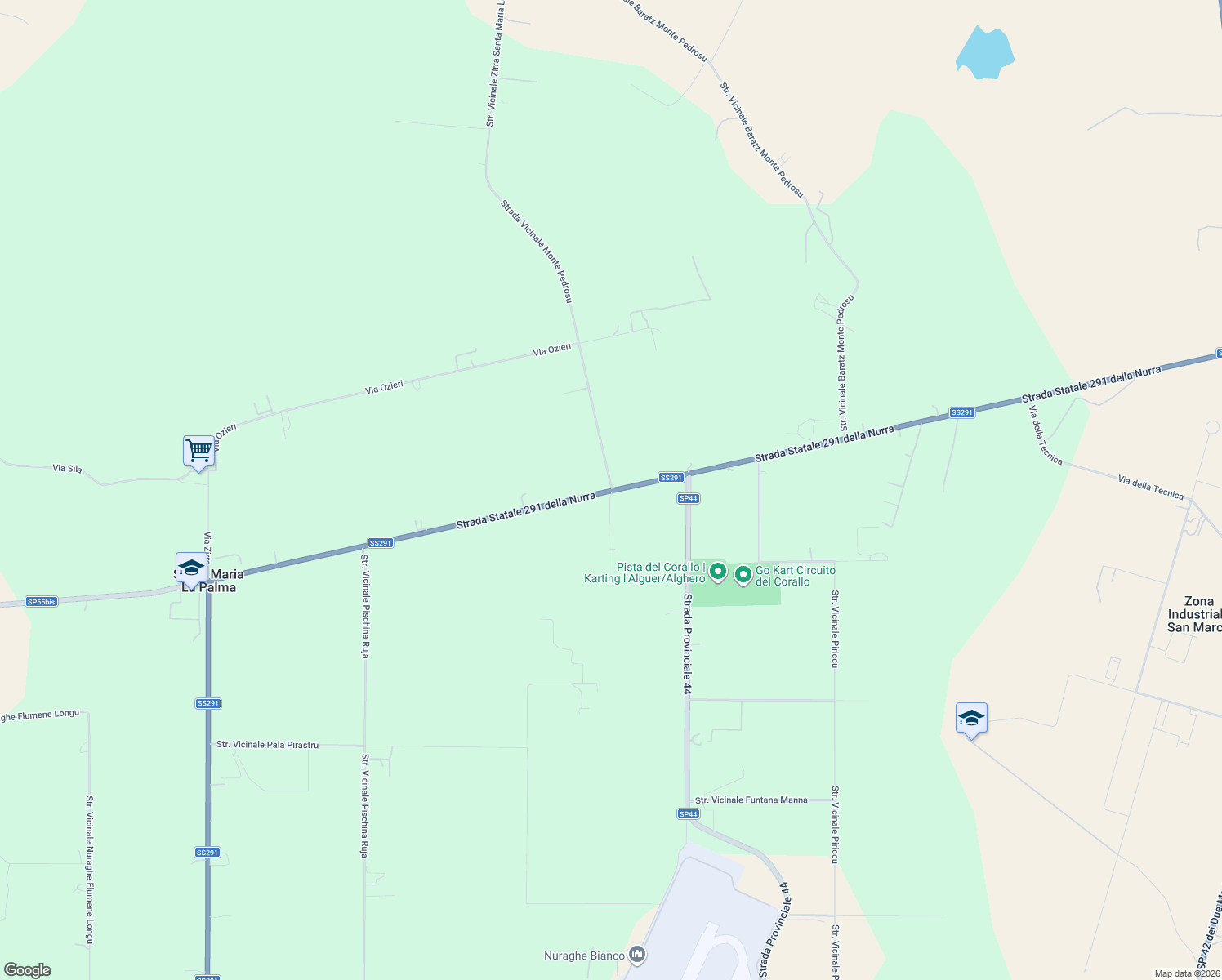 map of restaurants, bars, coffee shops, grocery stores, and more near Strada Statale 291 della Nurra in Sassari