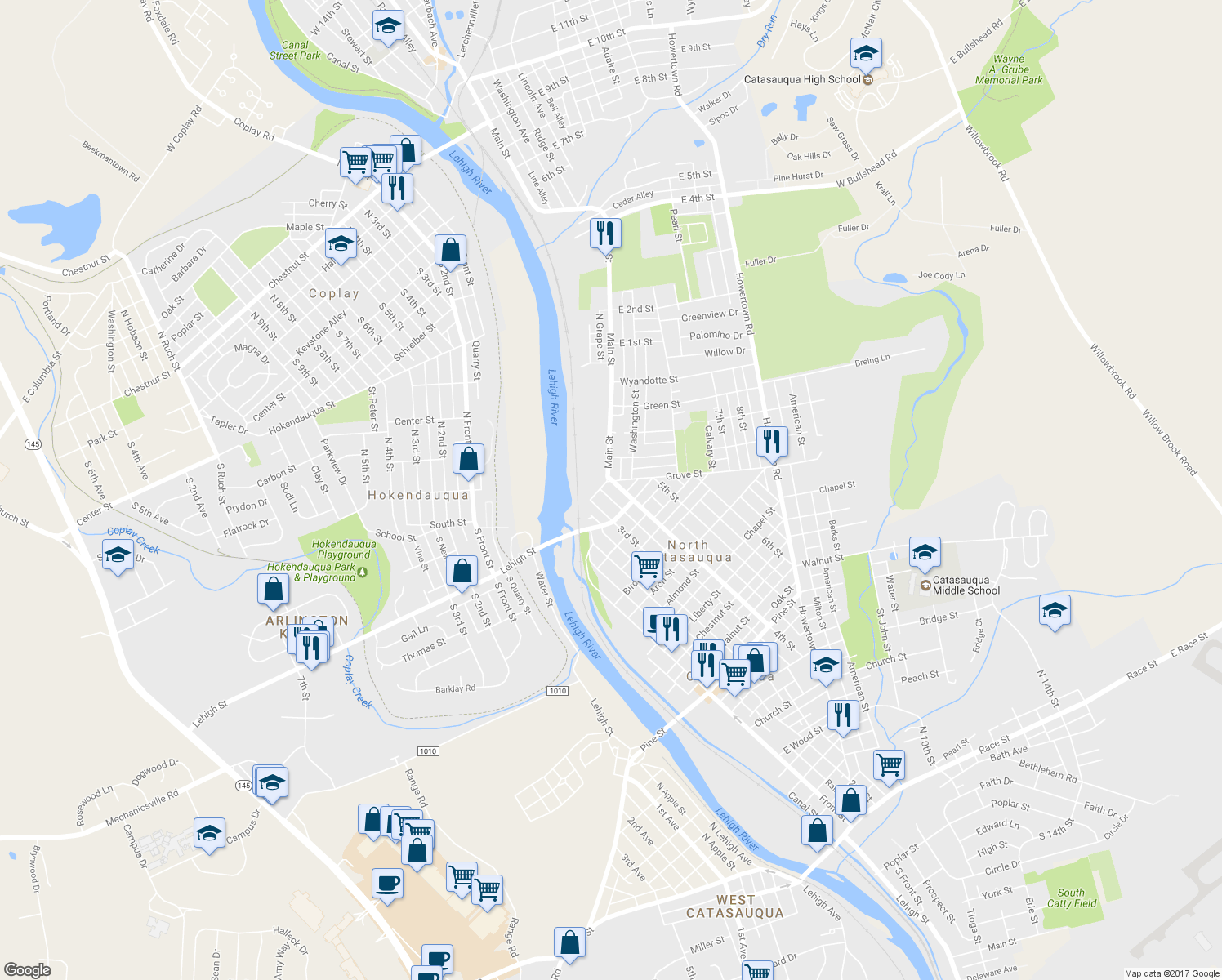 map of restaurants, bars, coffee shops, grocery stores, and more near 1328 4th Street in Catasauqua