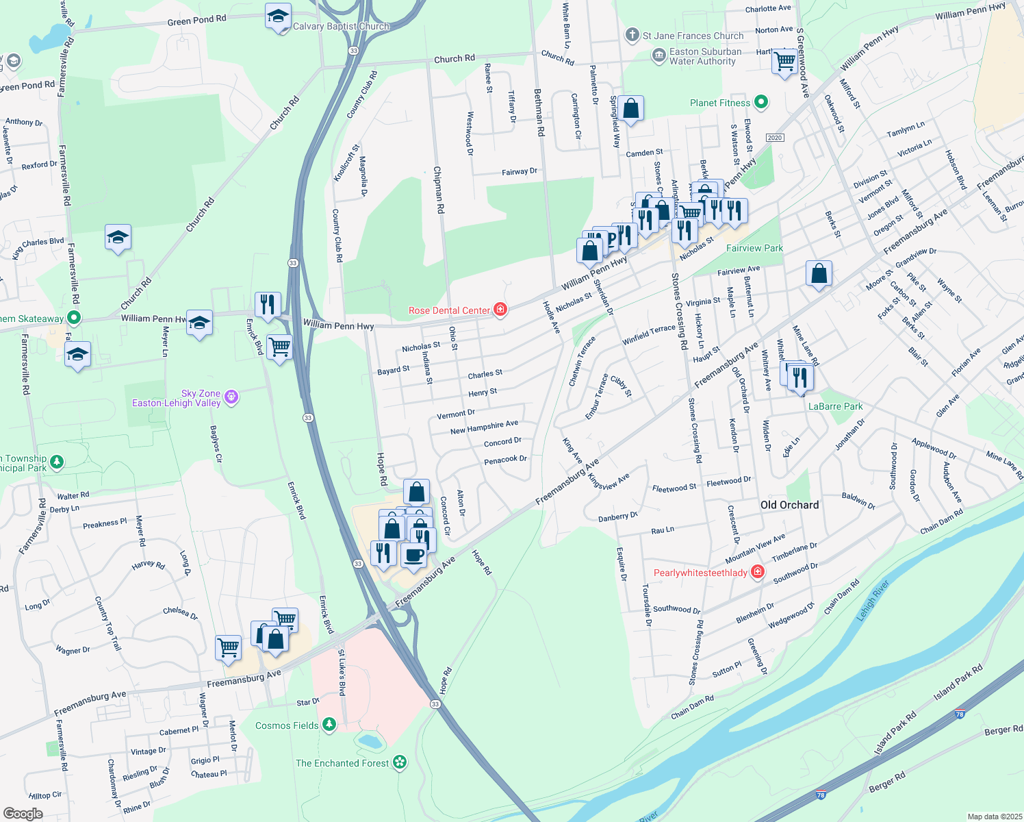 map of restaurants, bars, coffee shops, grocery stores, and more near 5211 Vermont Drive in Easton