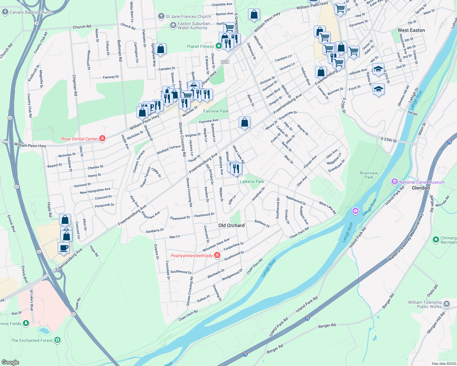 map of restaurants, bars, coffee shops, grocery stores, and more near 115 Wilden Drive in Easton