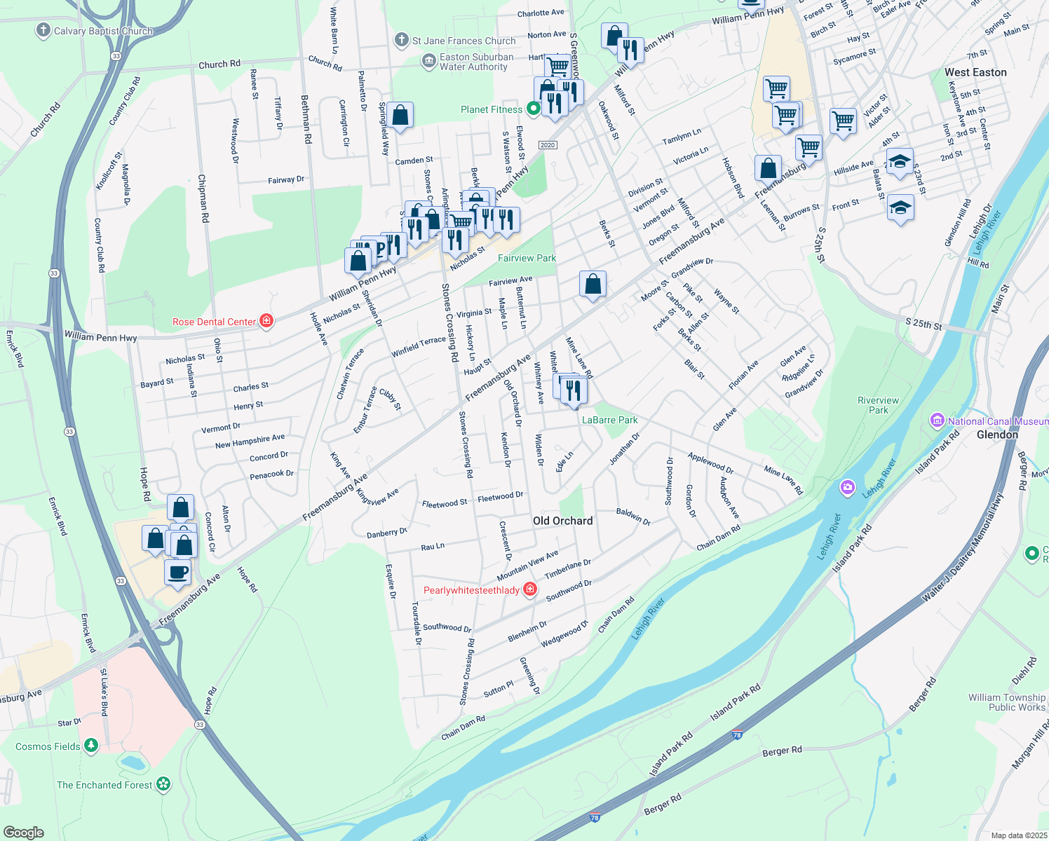 map of restaurants, bars, coffee shops, grocery stores, and more near 22 Old Orchard Drive in Easton