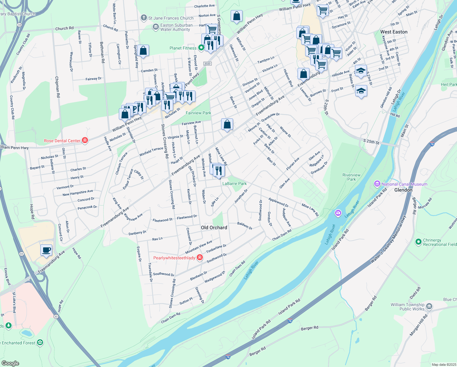map of restaurants, bars, coffee shops, grocery stores, and more near 97 Wilden Drive in Easton