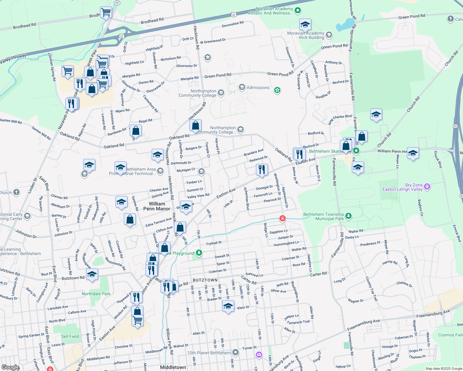 map of restaurants, bars, coffee shops, grocery stores, and more near 3253 Harvard Place in Bethlehem