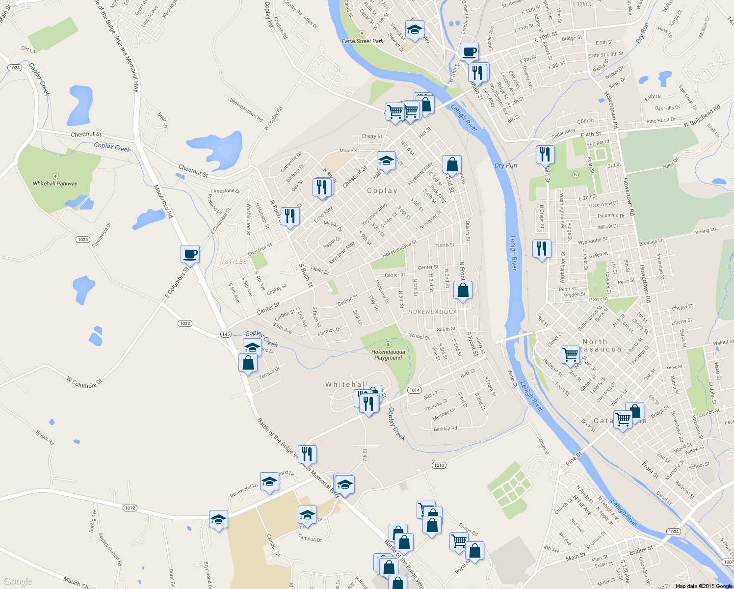 map of restaurants, bars, coffee shops, grocery stores, and more near 3129 Clay Street in Whitehall