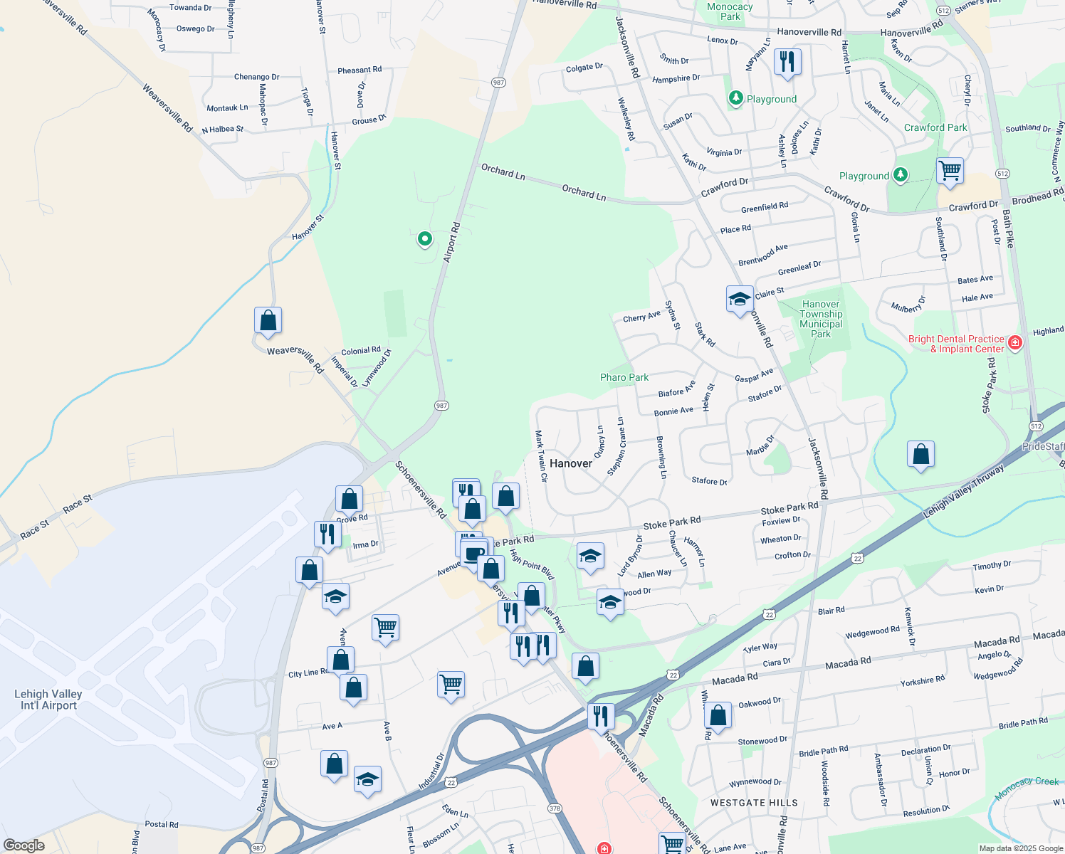 map of restaurants, bars, coffee shops, grocery stores, and more near 1967 Mark Twain Circle in Bethlehem