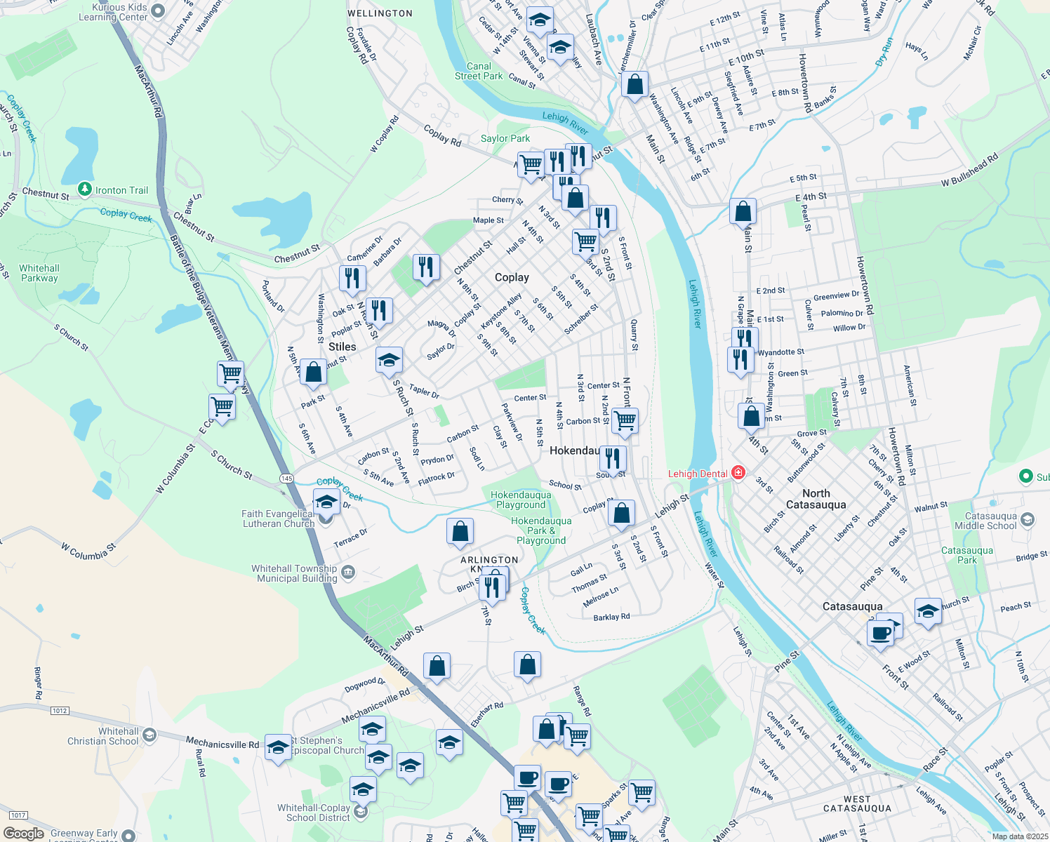 map of restaurants, bars, coffee shops, grocery stores, and more near 3518 Carbon Street in Hokendauqua