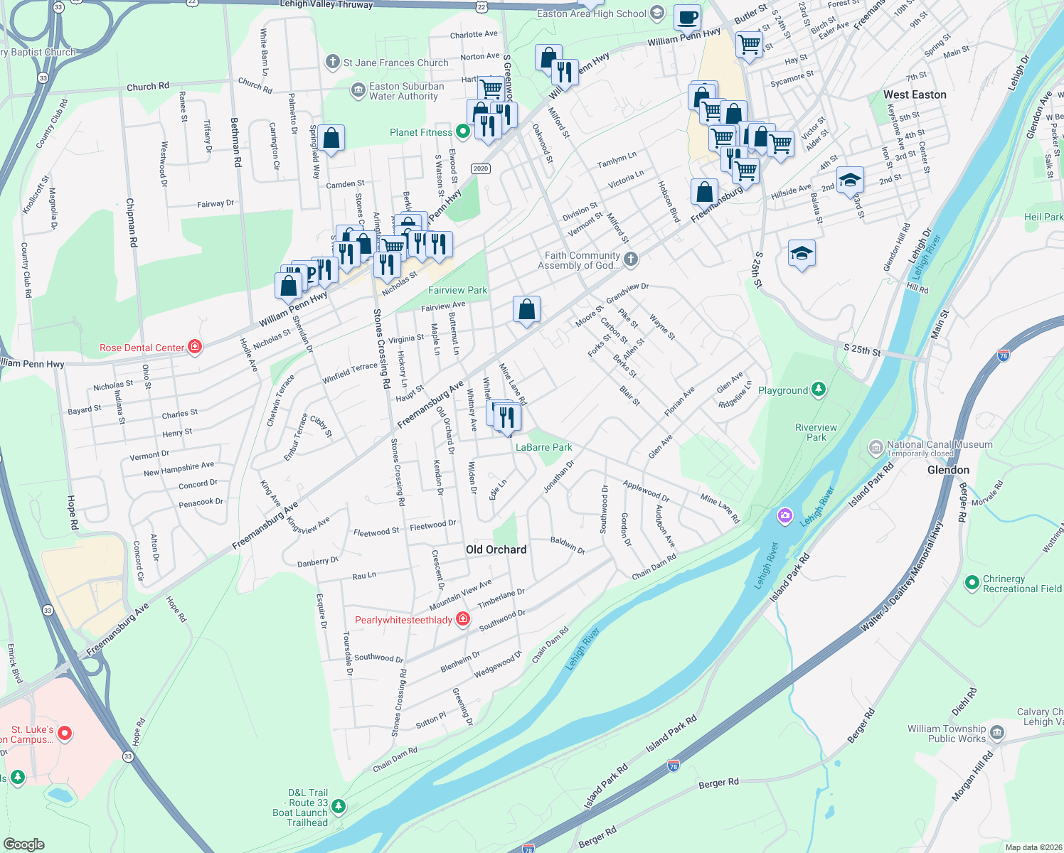 map of restaurants, bars, coffee shops, grocery stores, and more near 1247 Mine Lane Road in Easton