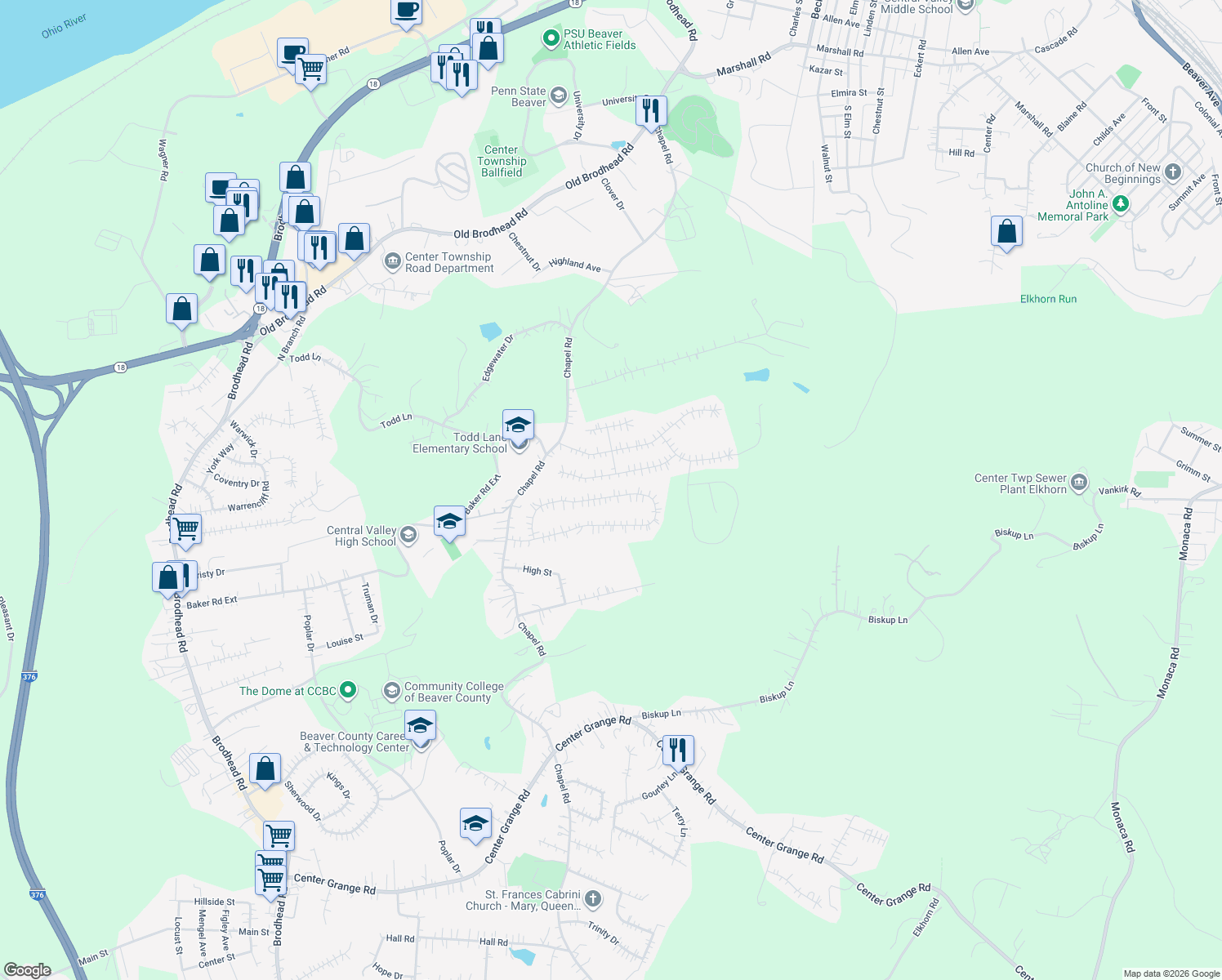 map of restaurants, bars, coffee shops, grocery stores, and more near 168 Cedar Ridge Dr in Monaca